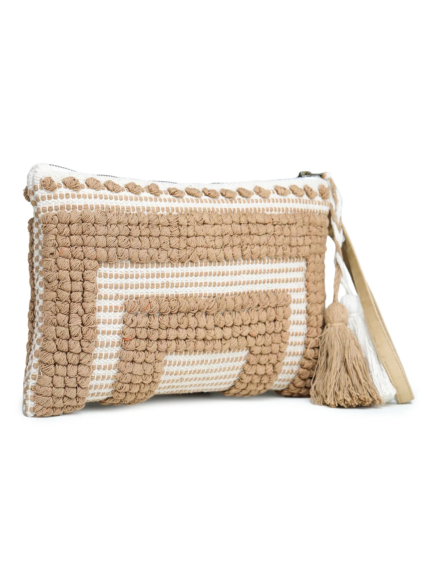 Beige-White Tasseled Hand Woven Tote Bag
