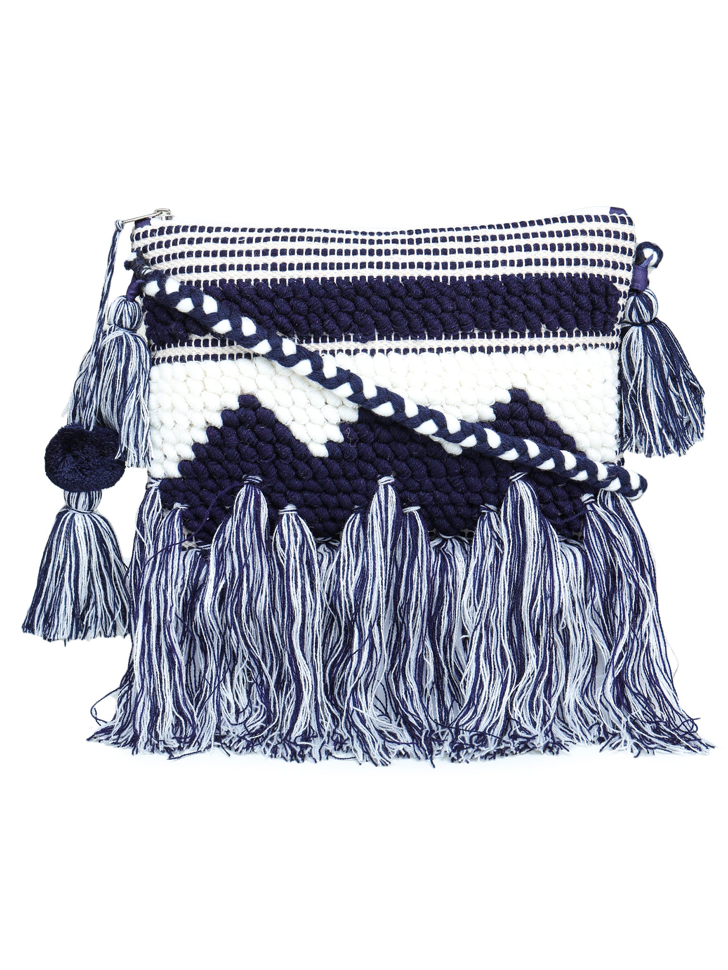 Blue-white tassle Hand Woven Tote Bag