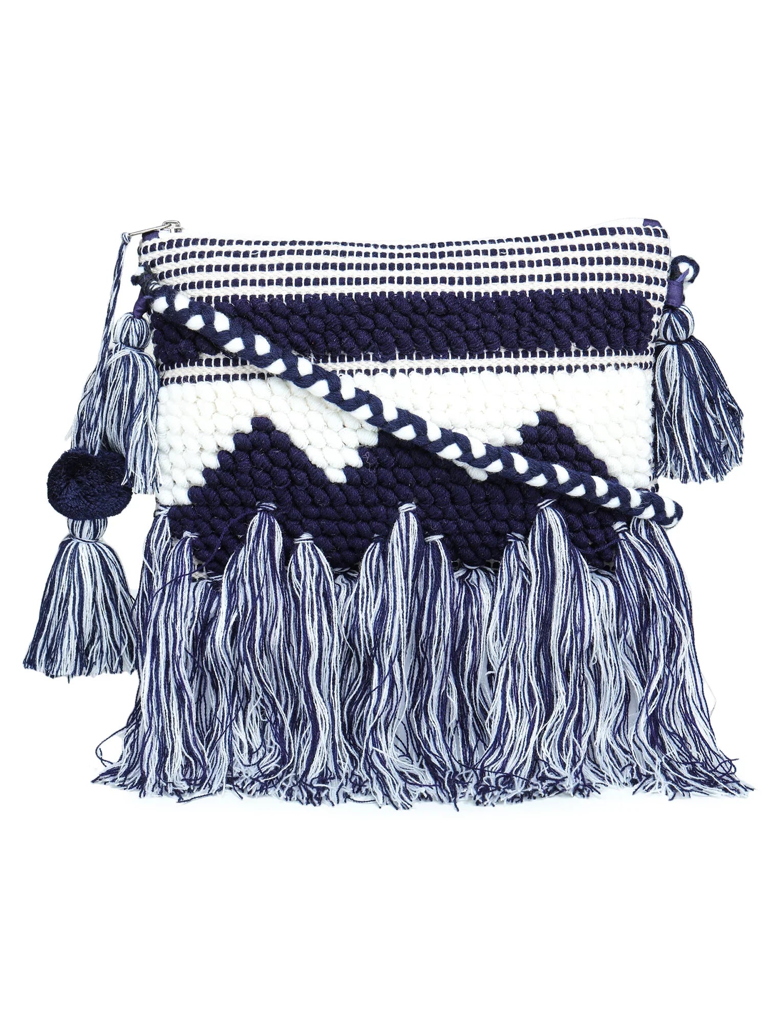 Blue-white tassle Hand Woven Tote Bag - SanskrutiHomes