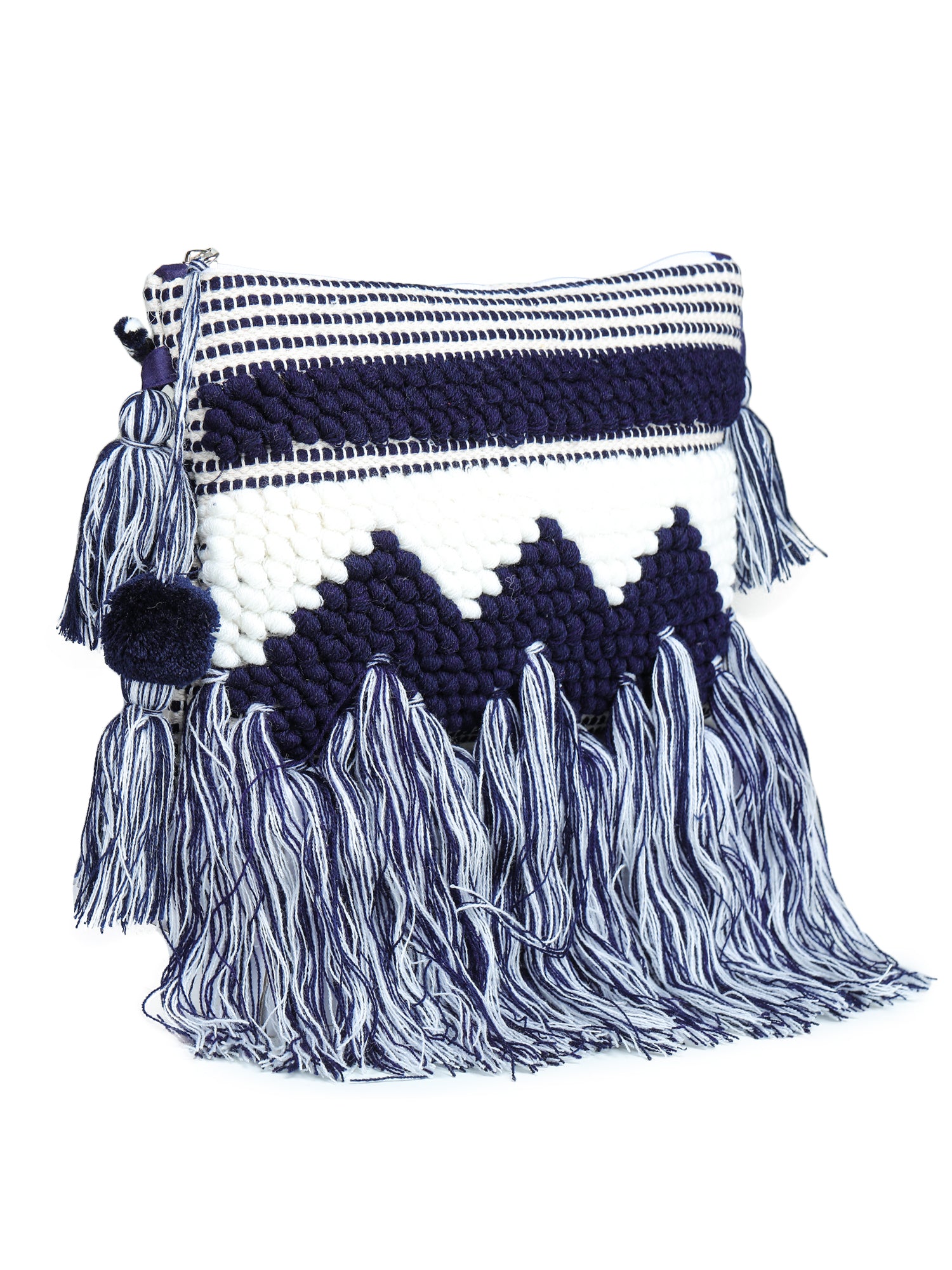 Blue-white tassle Hand Woven Tote Bag