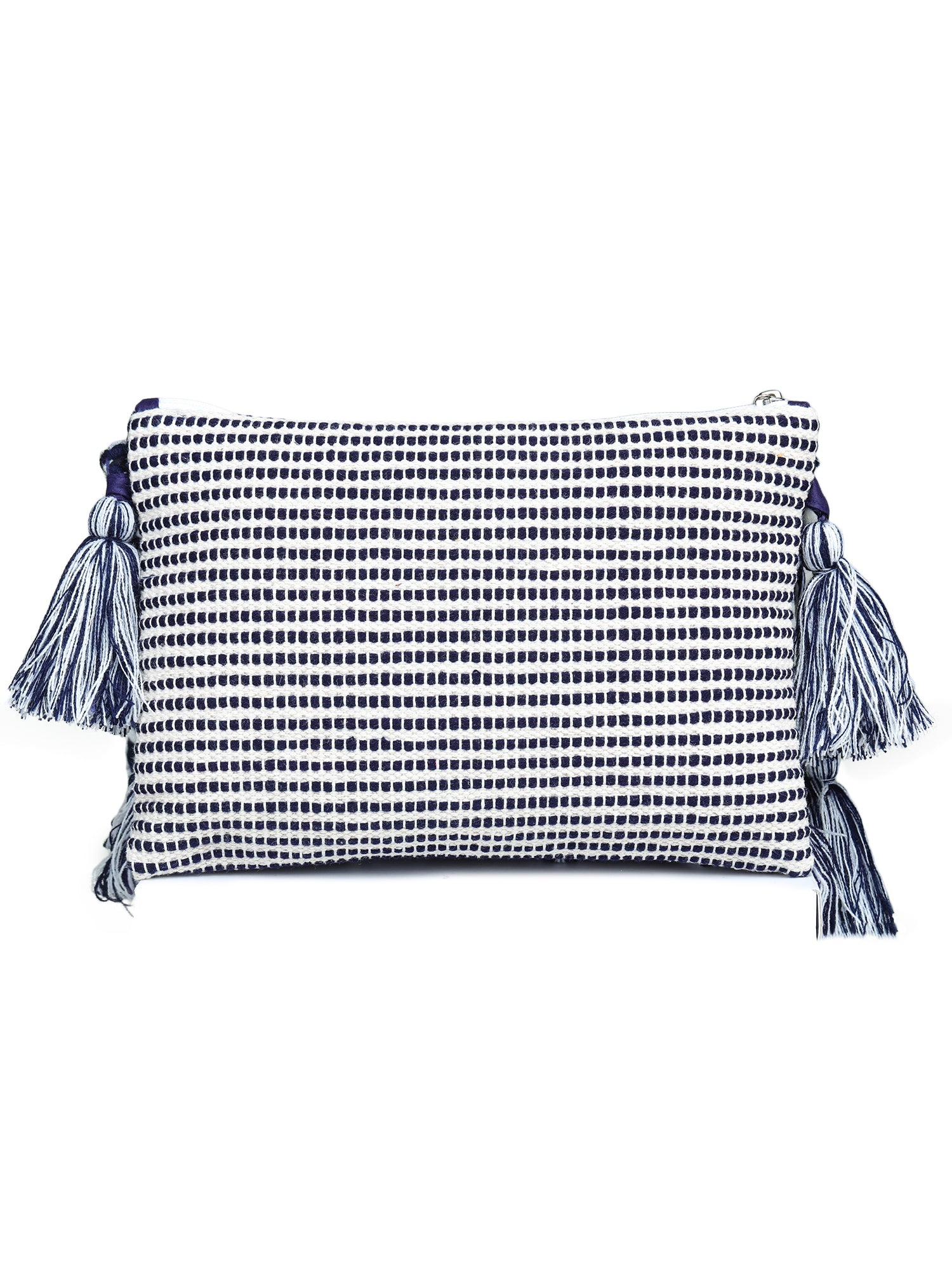 Blue-white tassle Hand Woven Tote Bag