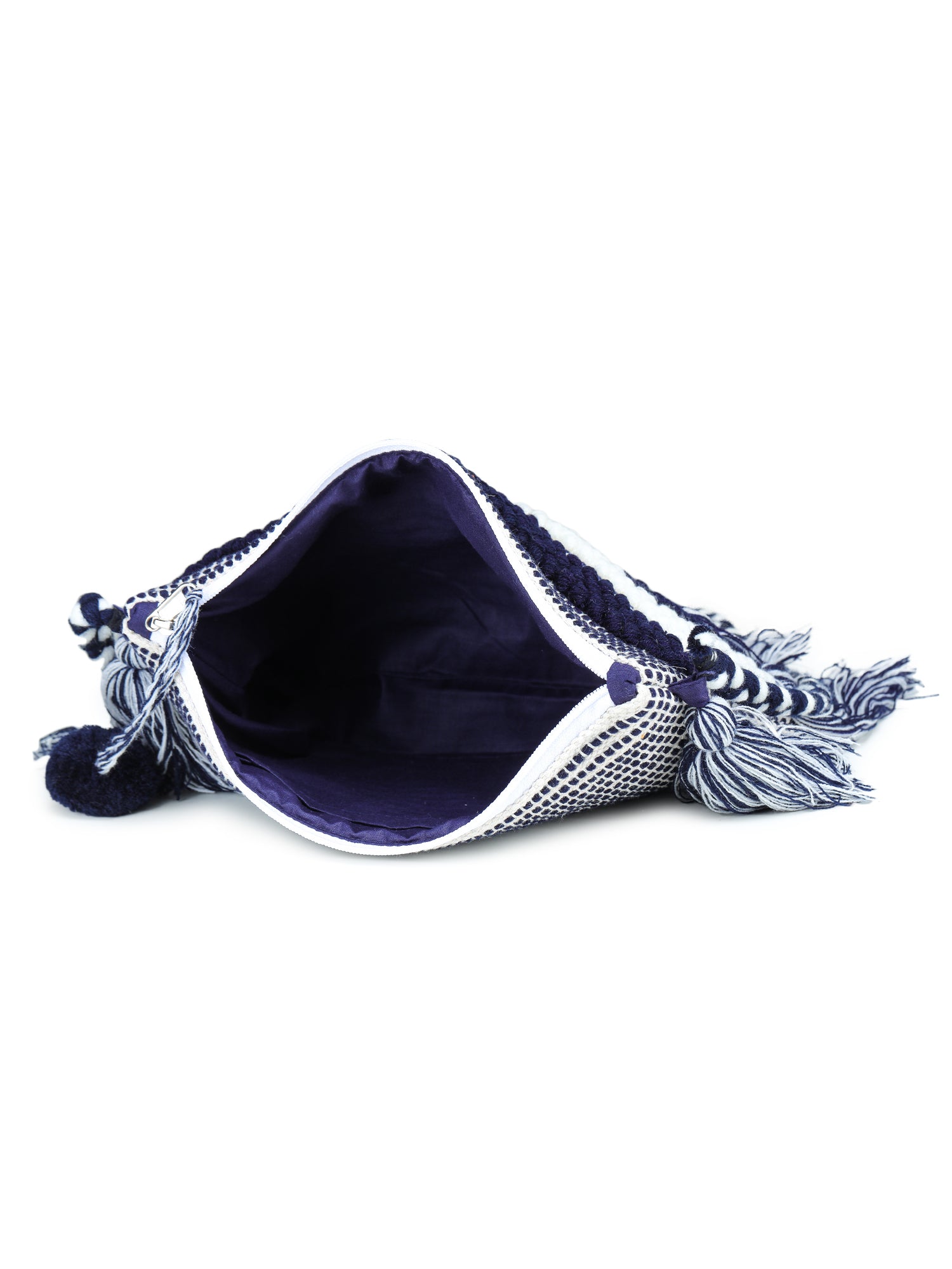 Blue-white tassle Hand Woven Tote Bag