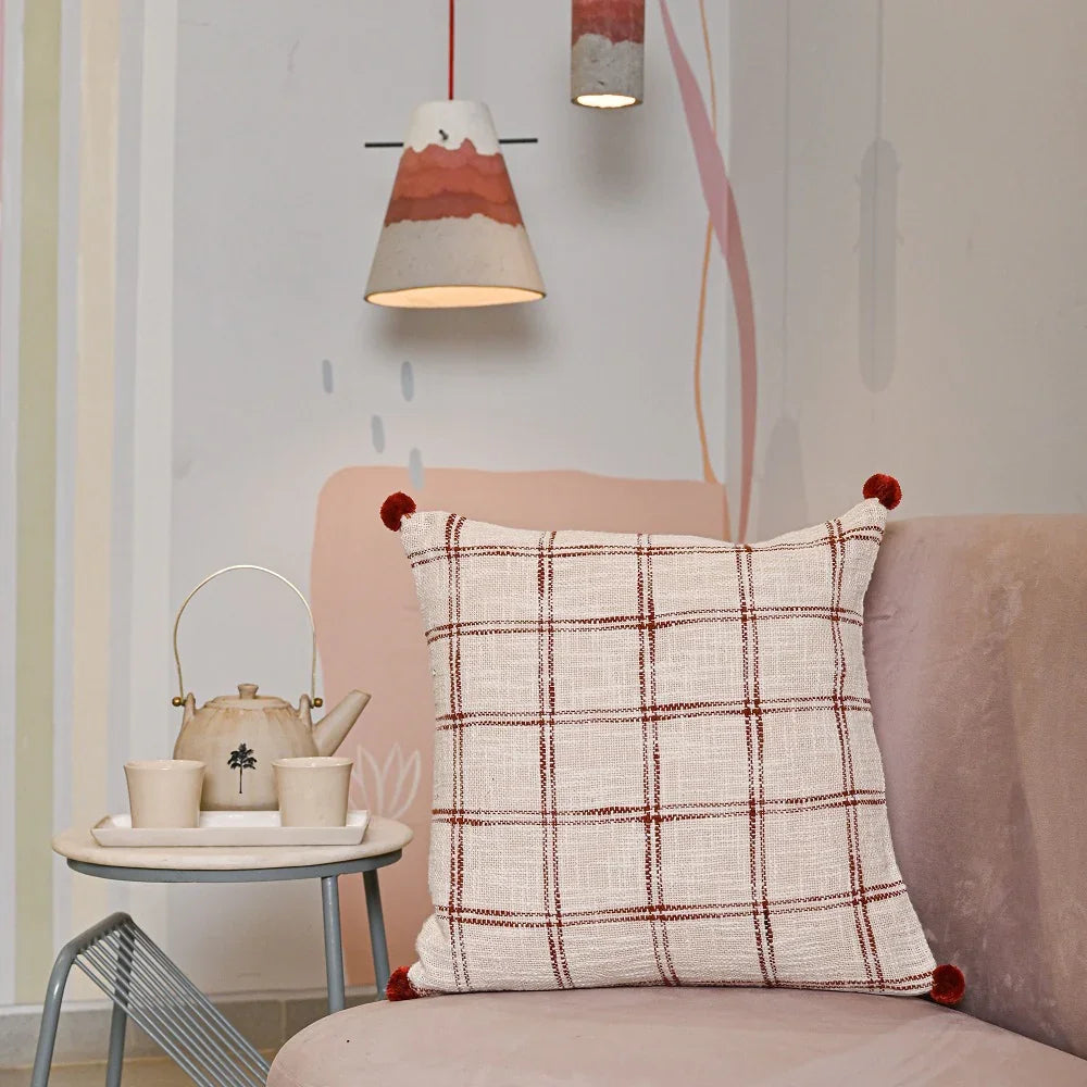 Handloom Pure Cotton Cushion Cover with pompom - SanskrutiHomes