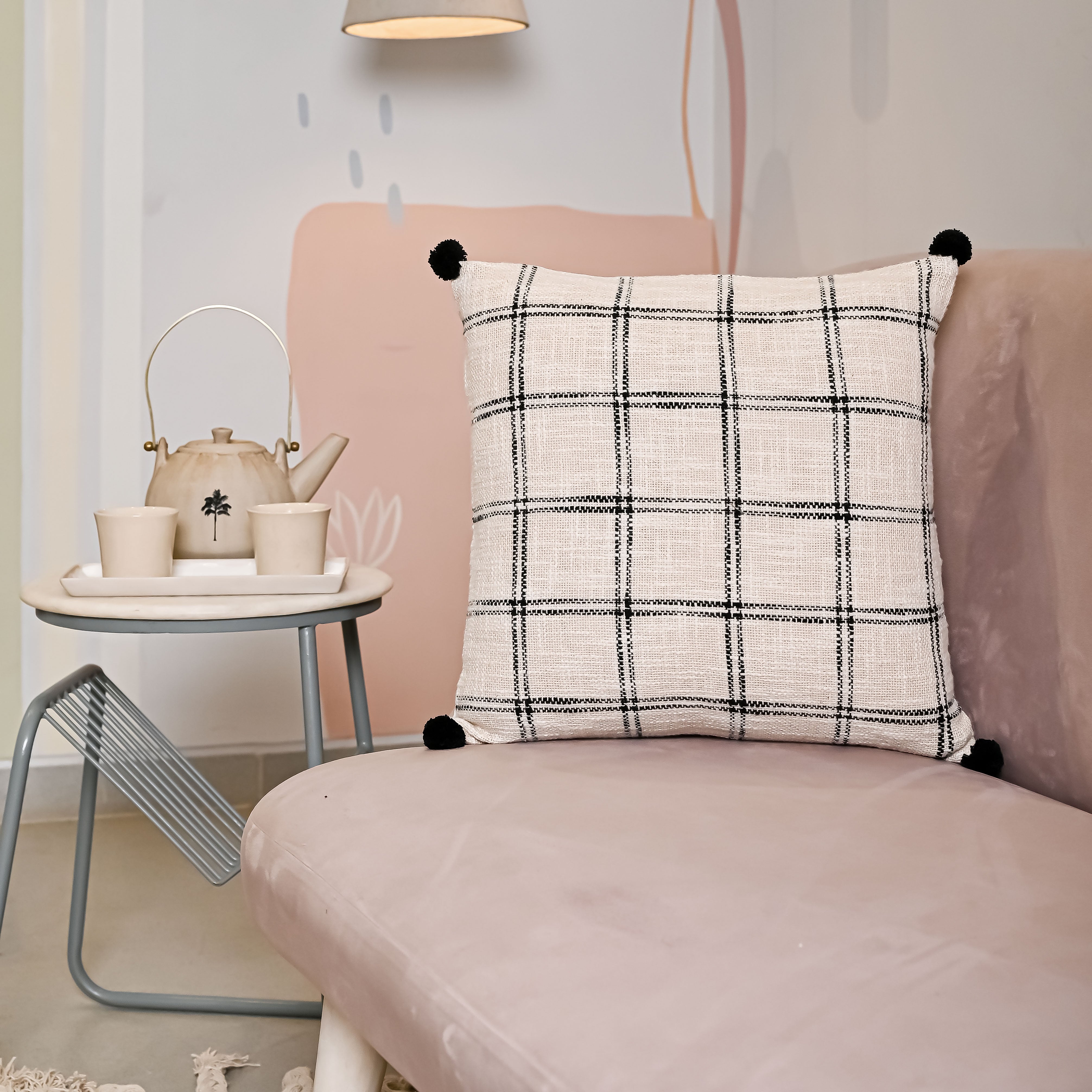 Handloom Pure Cotton Cushion Cover with pompom