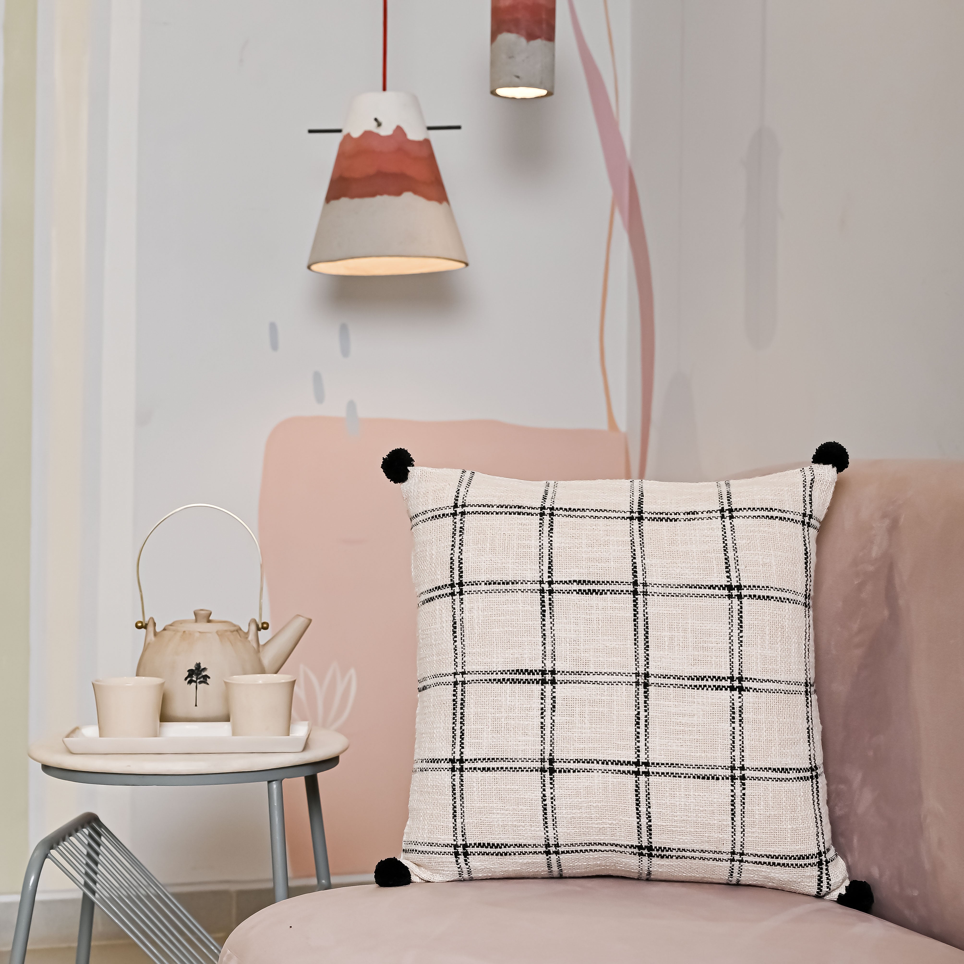 Handloom Pure Cotton Cushion Cover with pompom