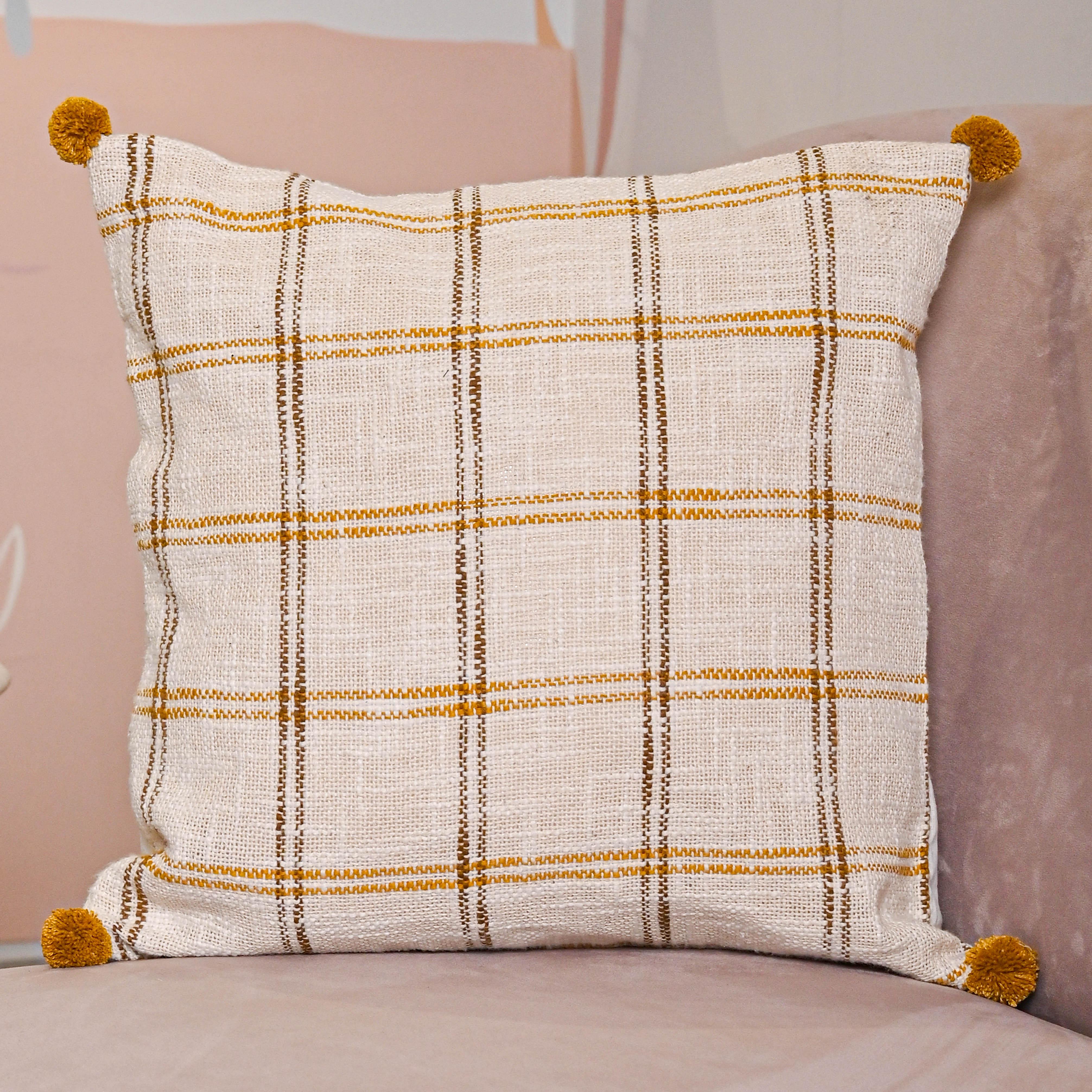 Handloom Pure Cotton Cushion Cover with pompom - SanskrutiHomes