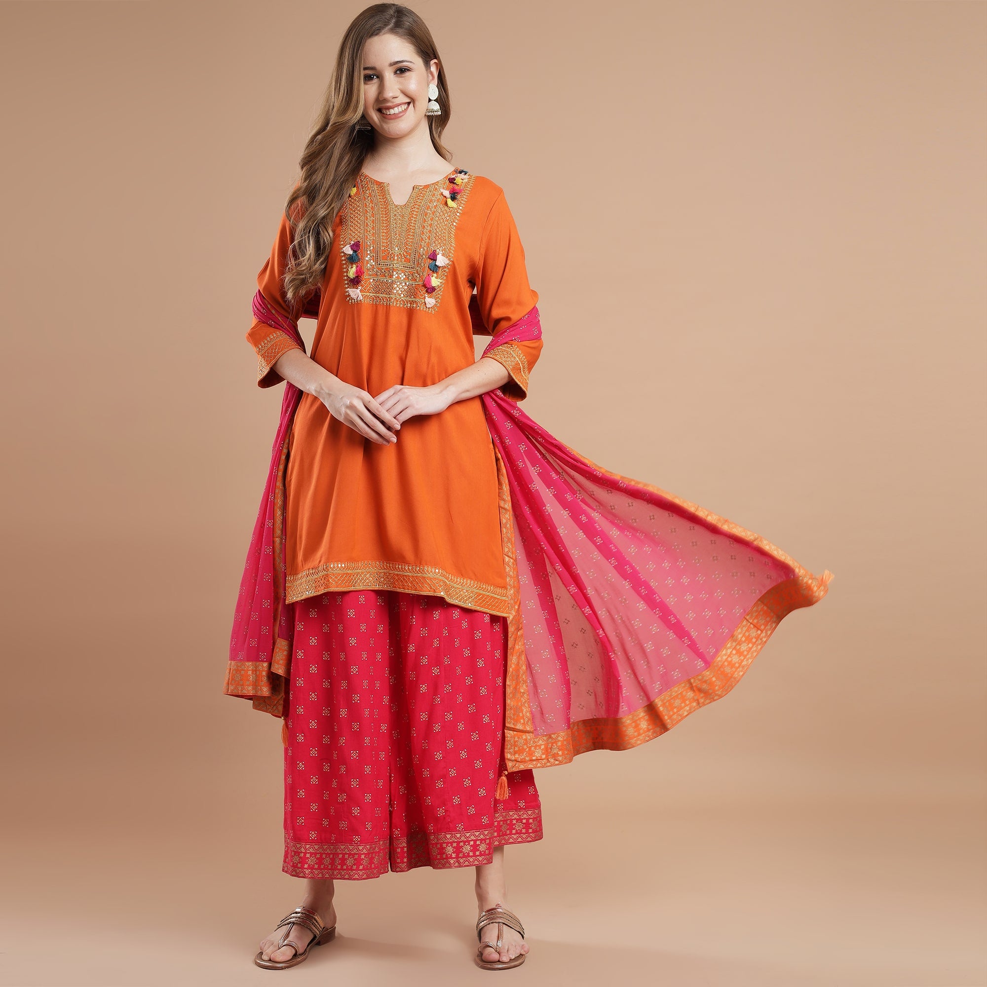 Rang Deep Orange Rayon Set of Kurti With Palazzo & Dupatta