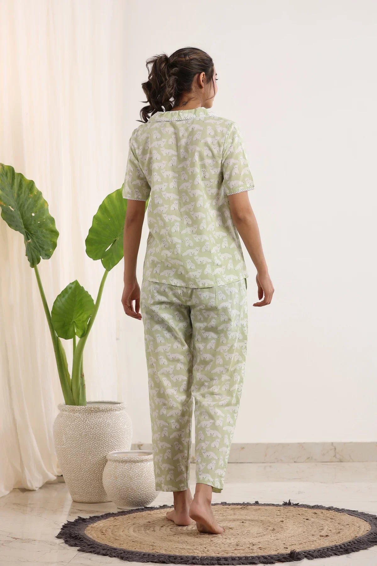 Light Green Printed peter pan collared Night suit set - SanskrutiHomes