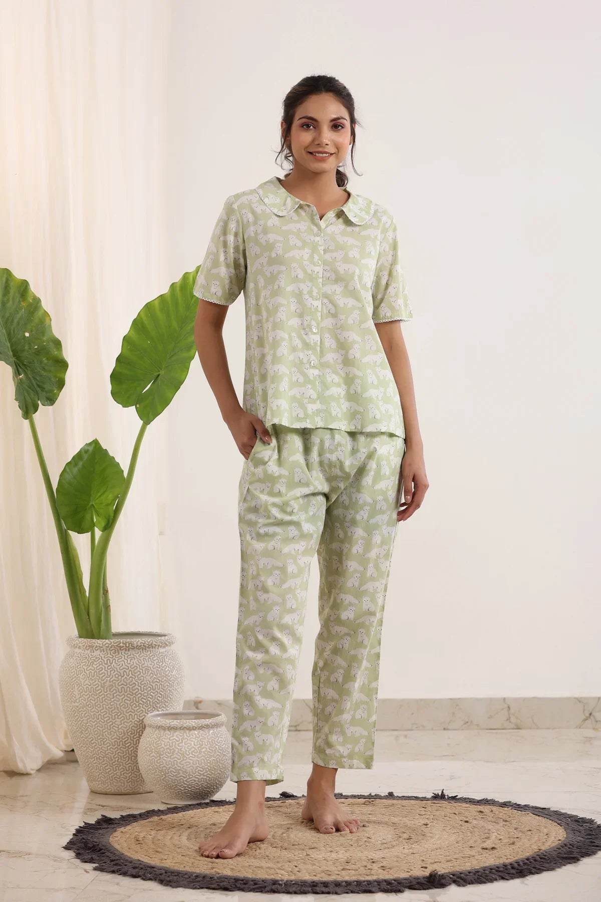 Light Green Printed peter pan collared Night suit set - SanskrutiHomes