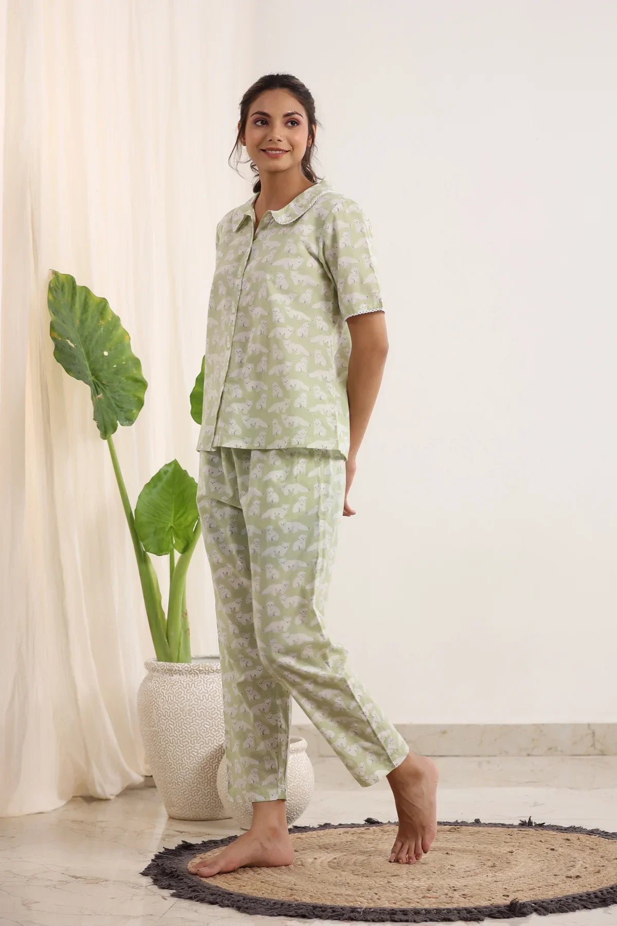 Light Green Printed peter pan collared Night suit set - SanskrutiHomes