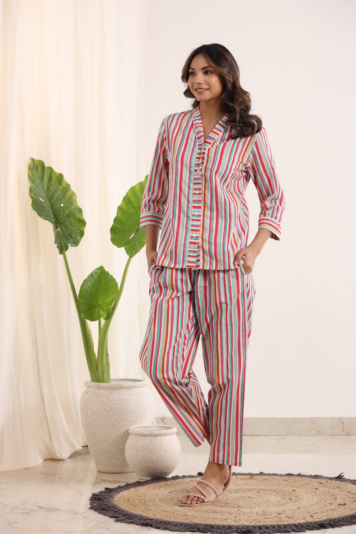 Multi-color stripes cotton sleep set