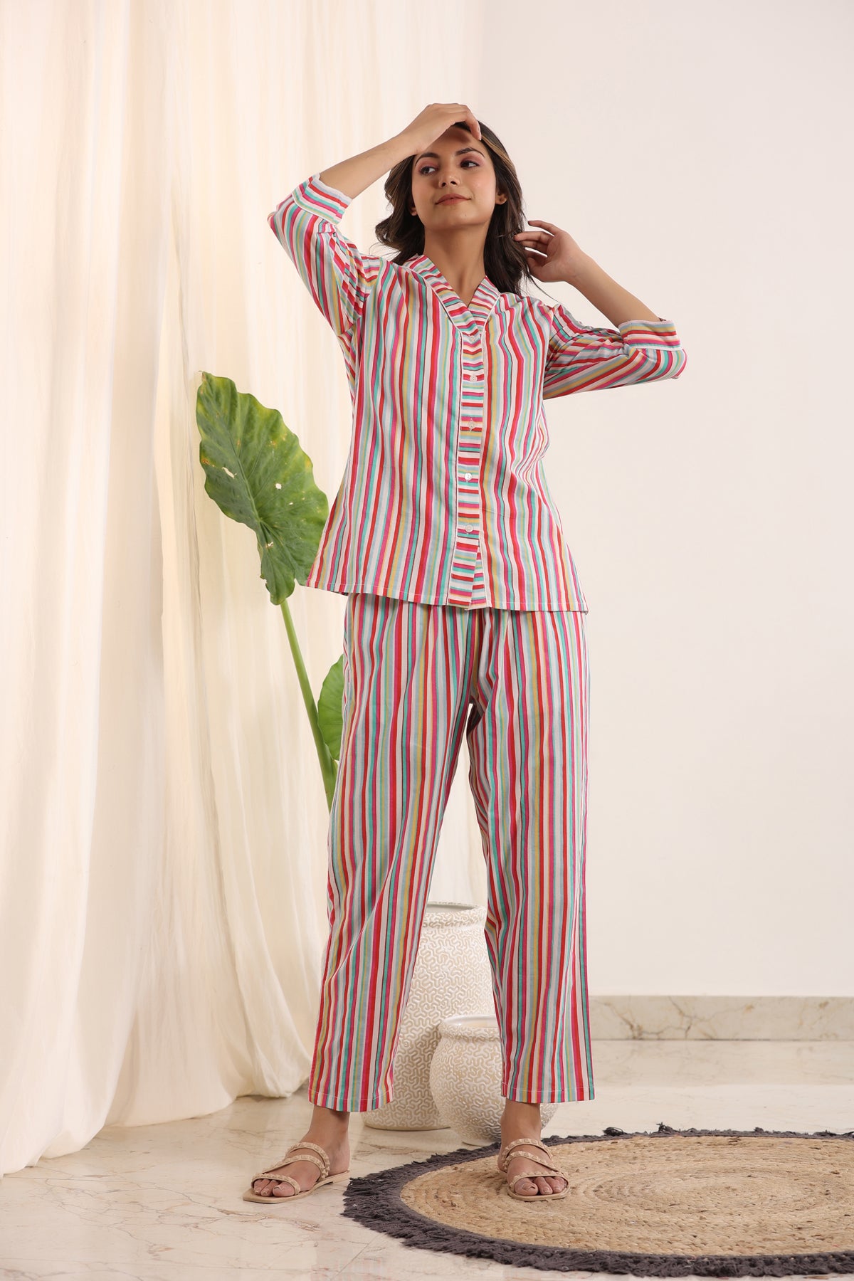 Multi-color stripes cotton sleep set