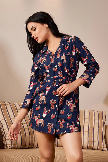 Navy Blue Pure Cotton Lounge Dress – Sanskruti Homes