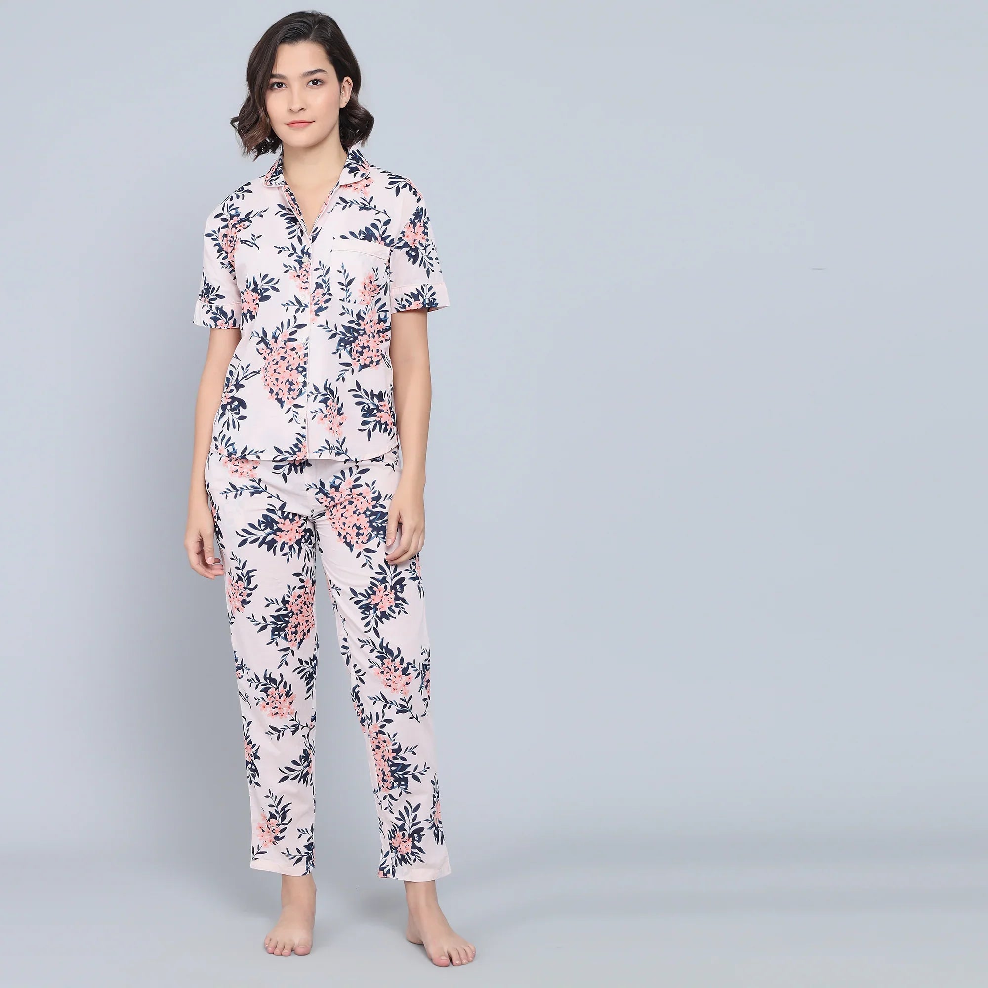 Pink Cotton Printed Night Suit Set with Pajama - SanskrutiHomes