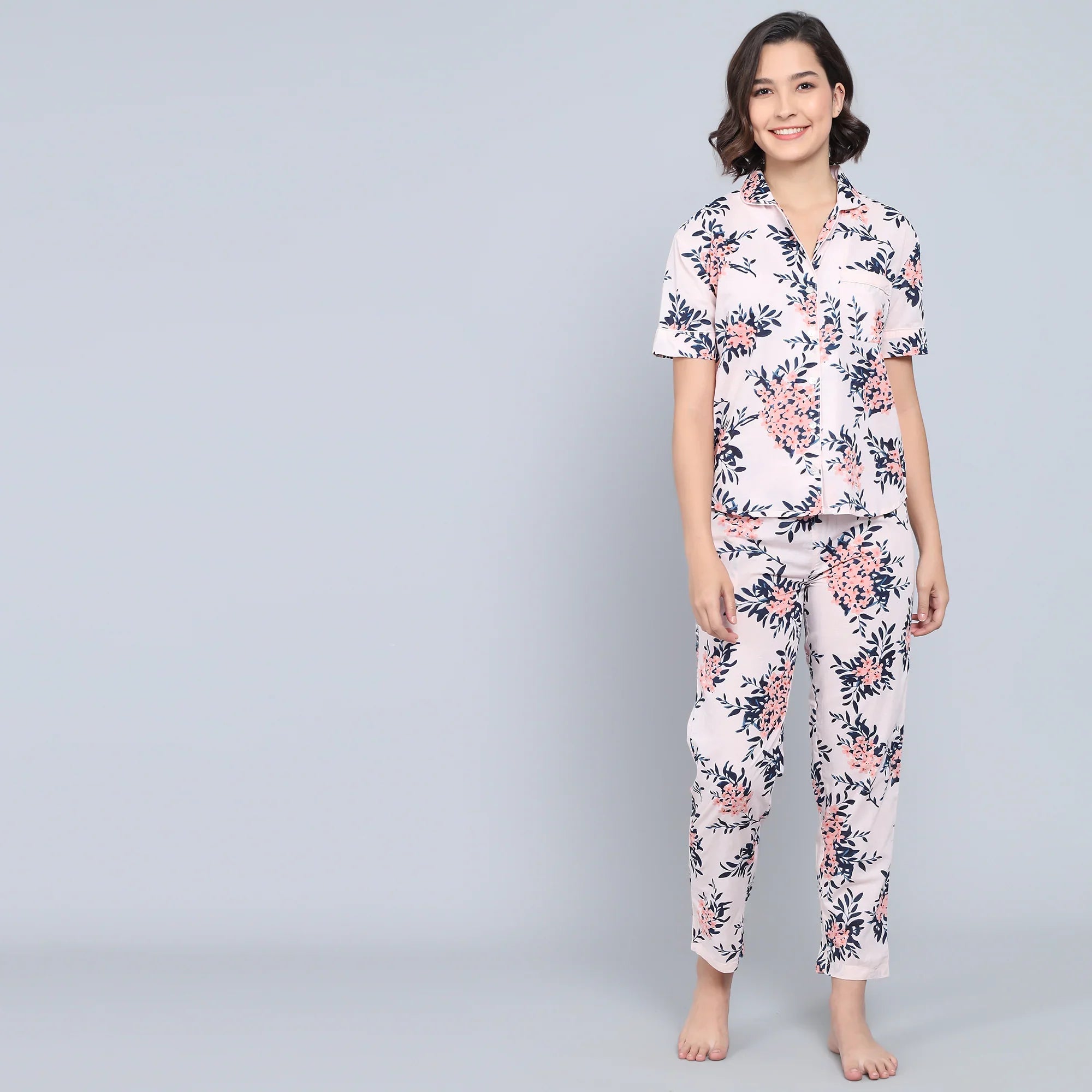 Pink Cotton Printed Night Suit Set with Pajama - SanskrutiHomes