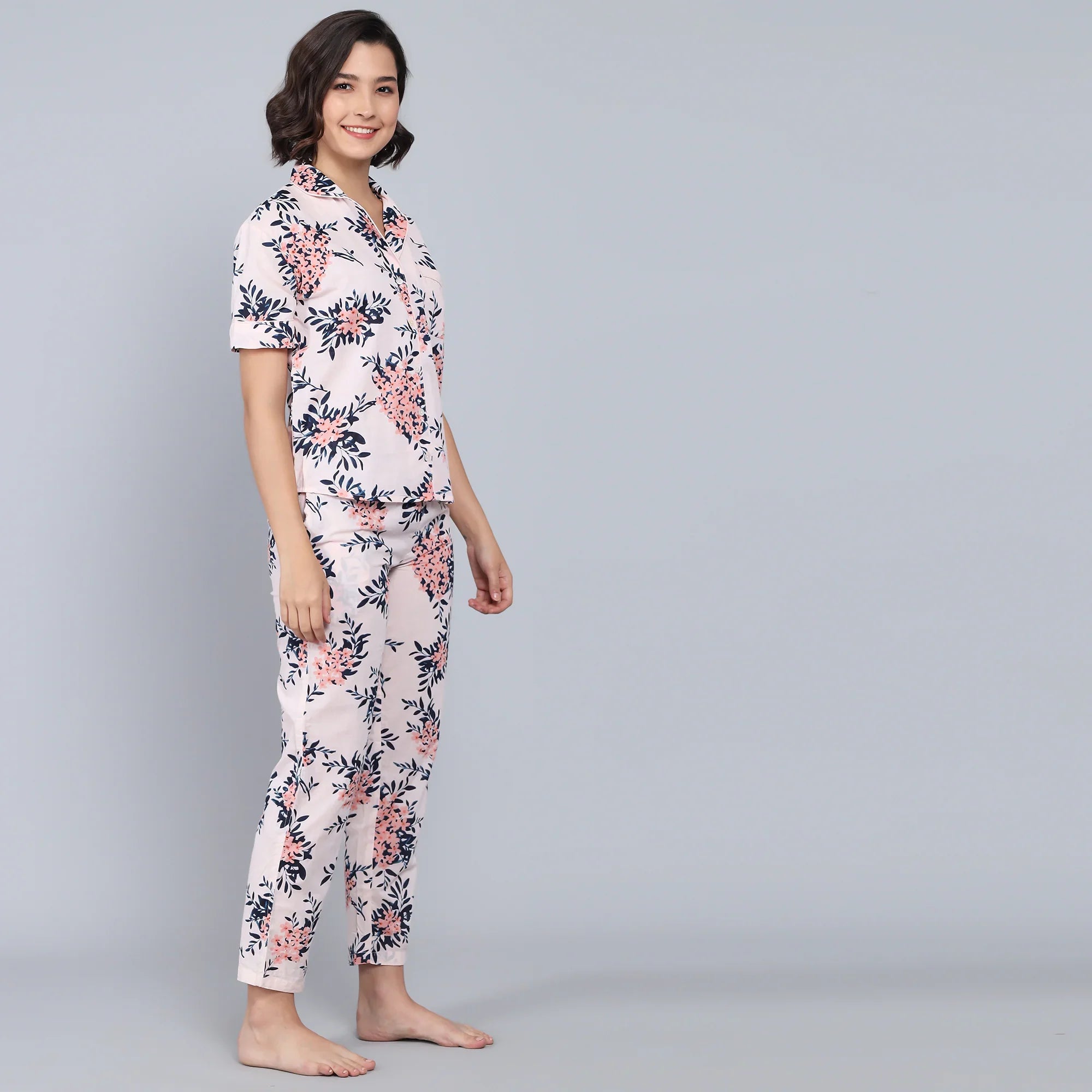 Pink Cotton Printed Night Suit Set with Pajama - SanskrutiHomes