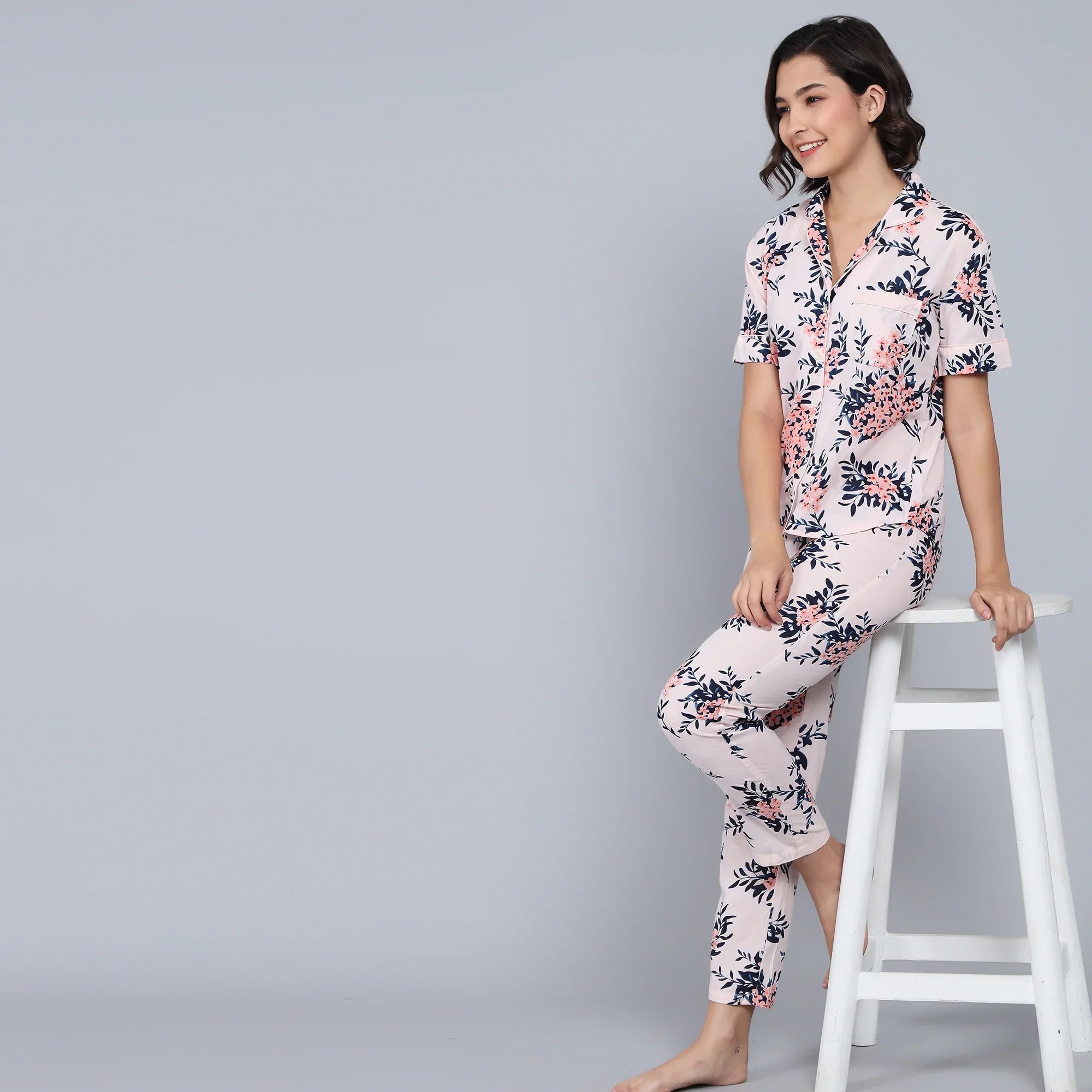 Pink Cotton Printed Night Suit Set with Pajama - SanskrutiHomes