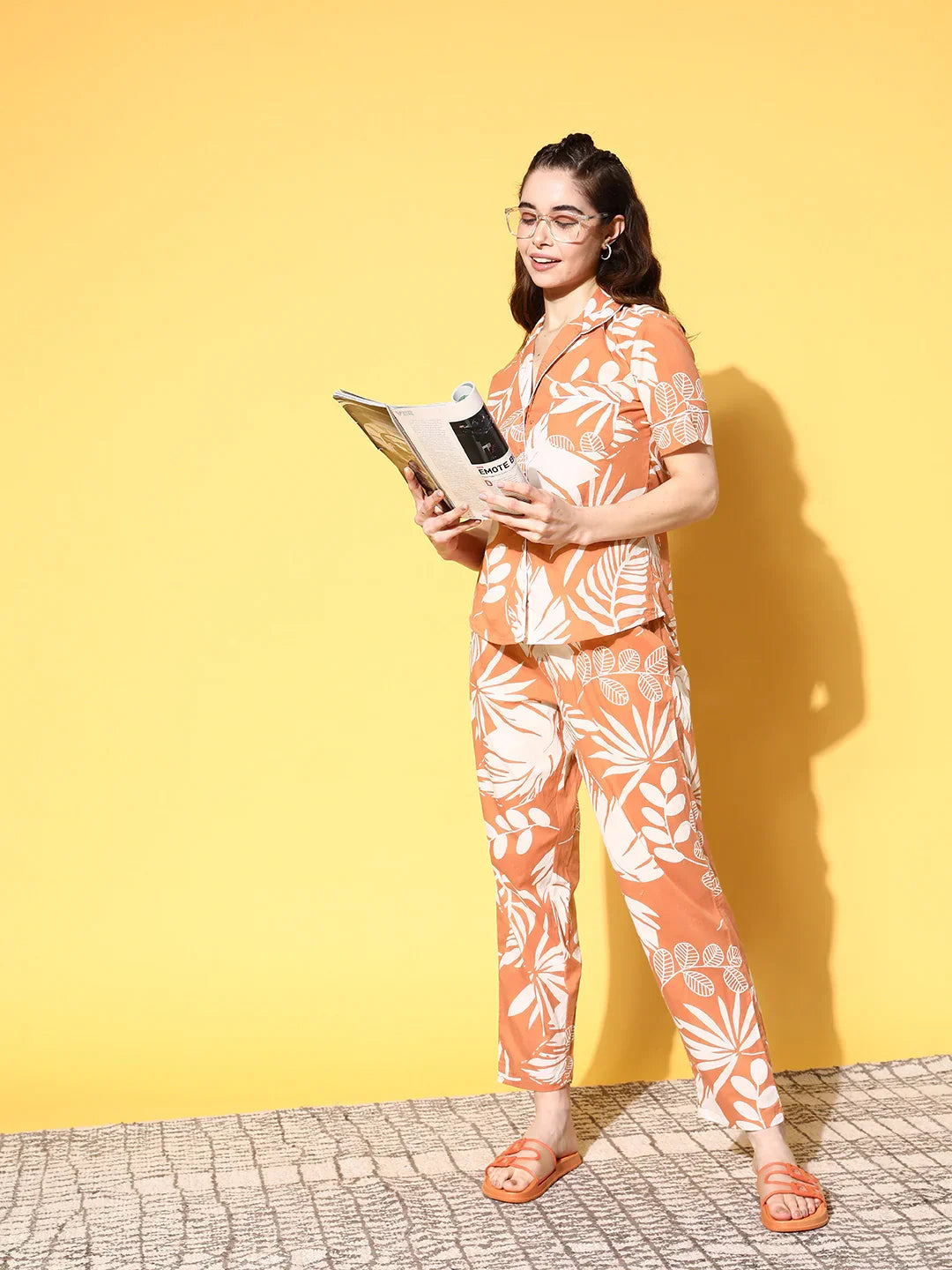 Orange Cotton Printed Night Suit Set with Payjama - SanskrutiHomes