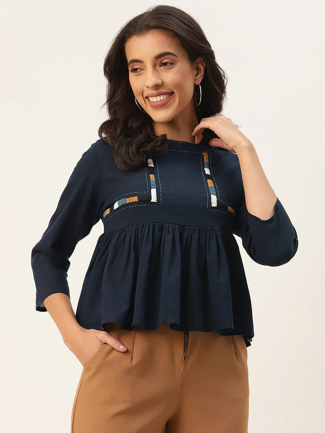 Navy Blue Indigo Peplum Cotton Top - SanskrutiHomes