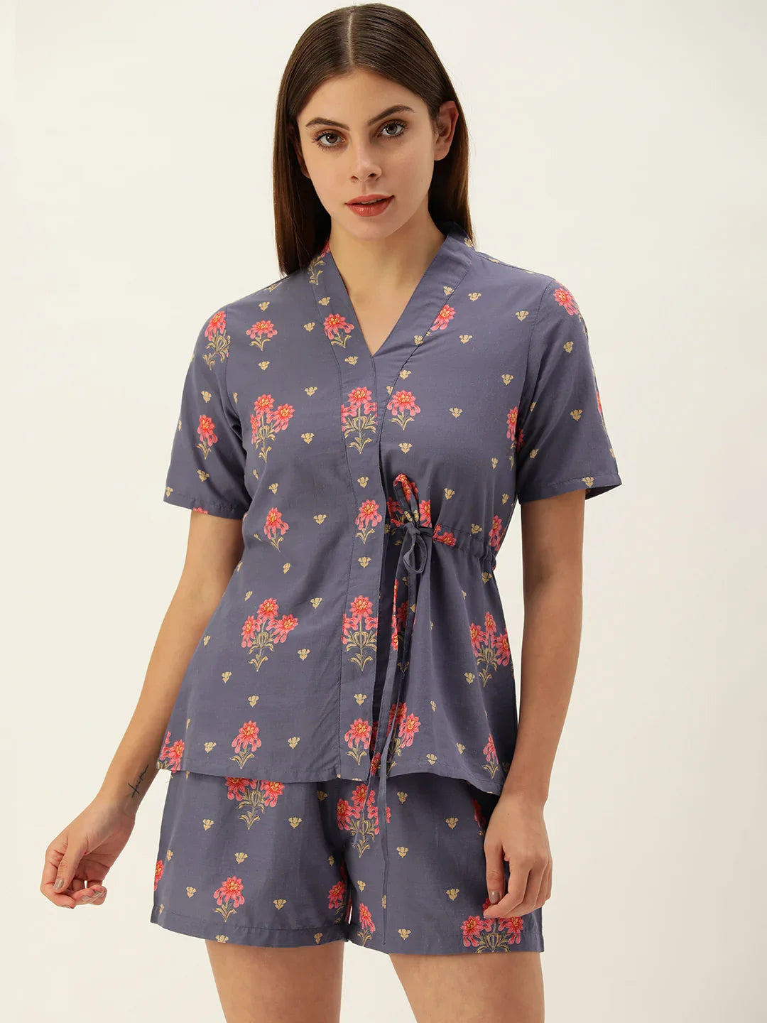 Women Purple & Pink Flower Printed Tie Up Top With Shorts Night suit Set - SanskrutiHomes