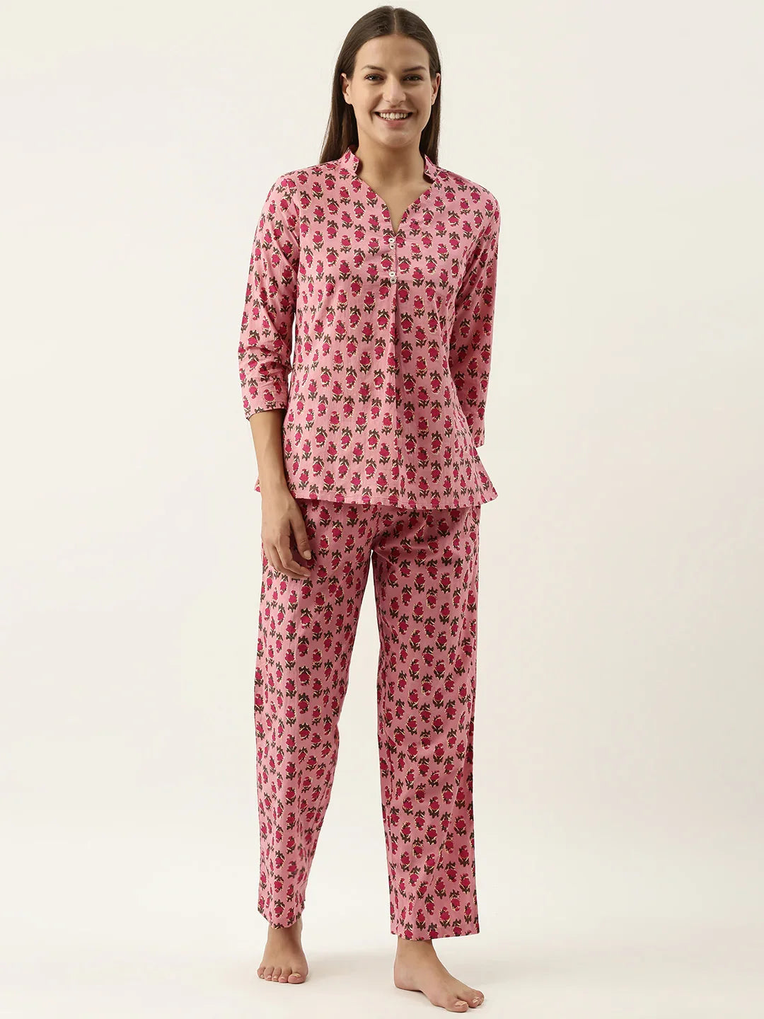 Women Pink Cotton Printed Night Suit Set With Payjama