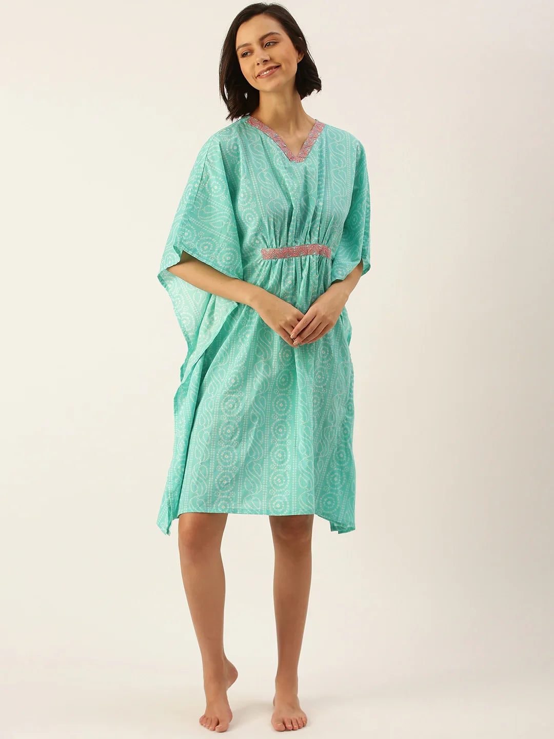 Sea Green Pure Cotton Bandhej Dot Printed Kaftan - SanskrutiHomes