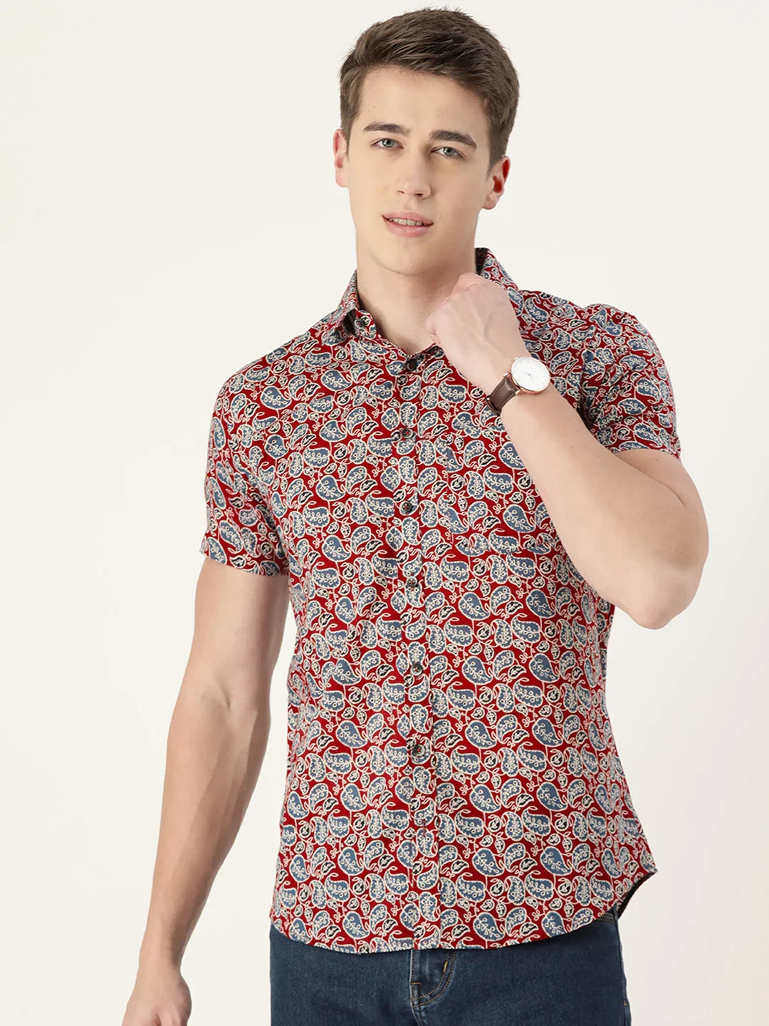 Red & Blue Cotton Printed Shirt - SanskrutiHomes