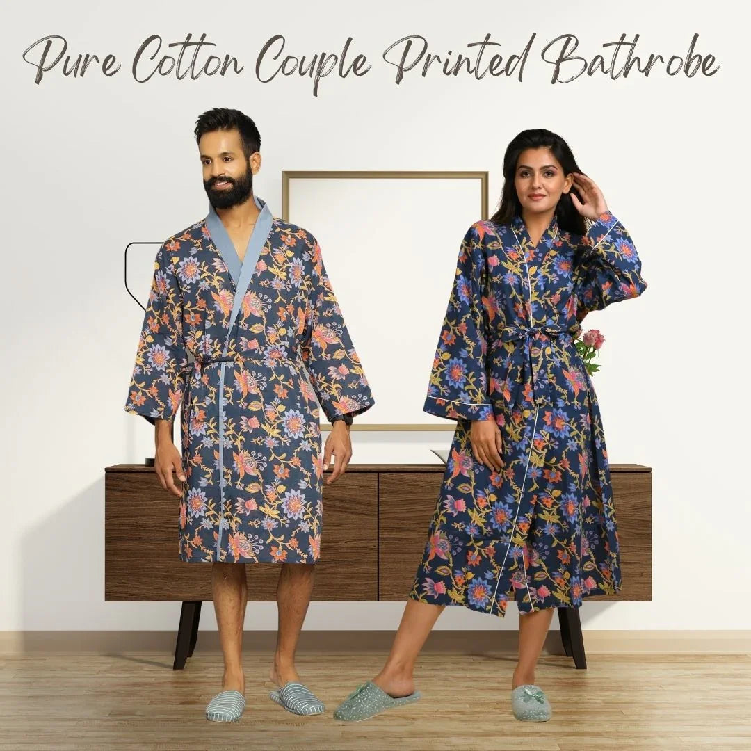 Royal Blue Multi-Colour Pure Cotton Couple Kimono Robe