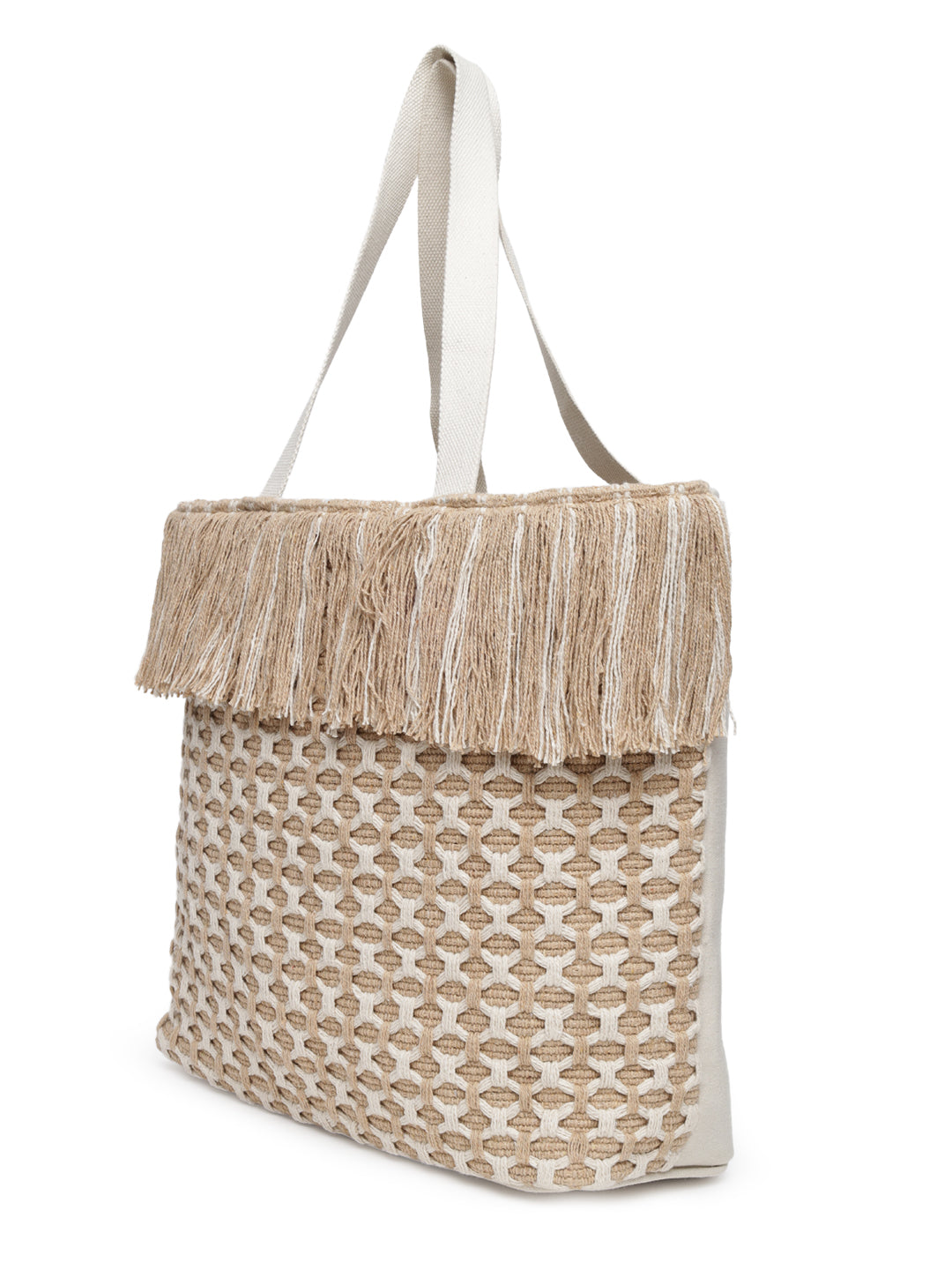 Beige Tasseled Hand Woven Tote Bag