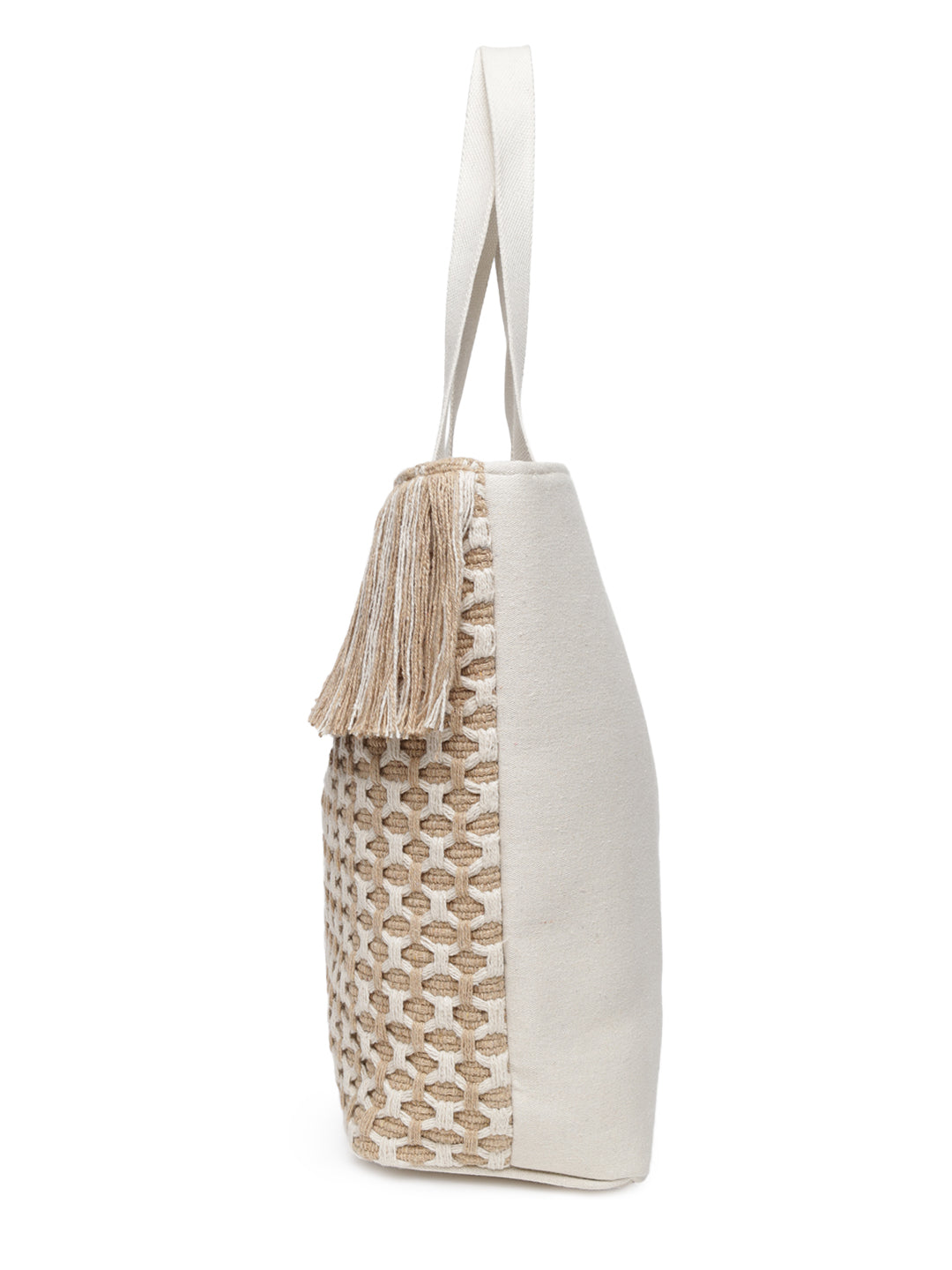 Beige Tasseled Hand Woven Tote Bag
