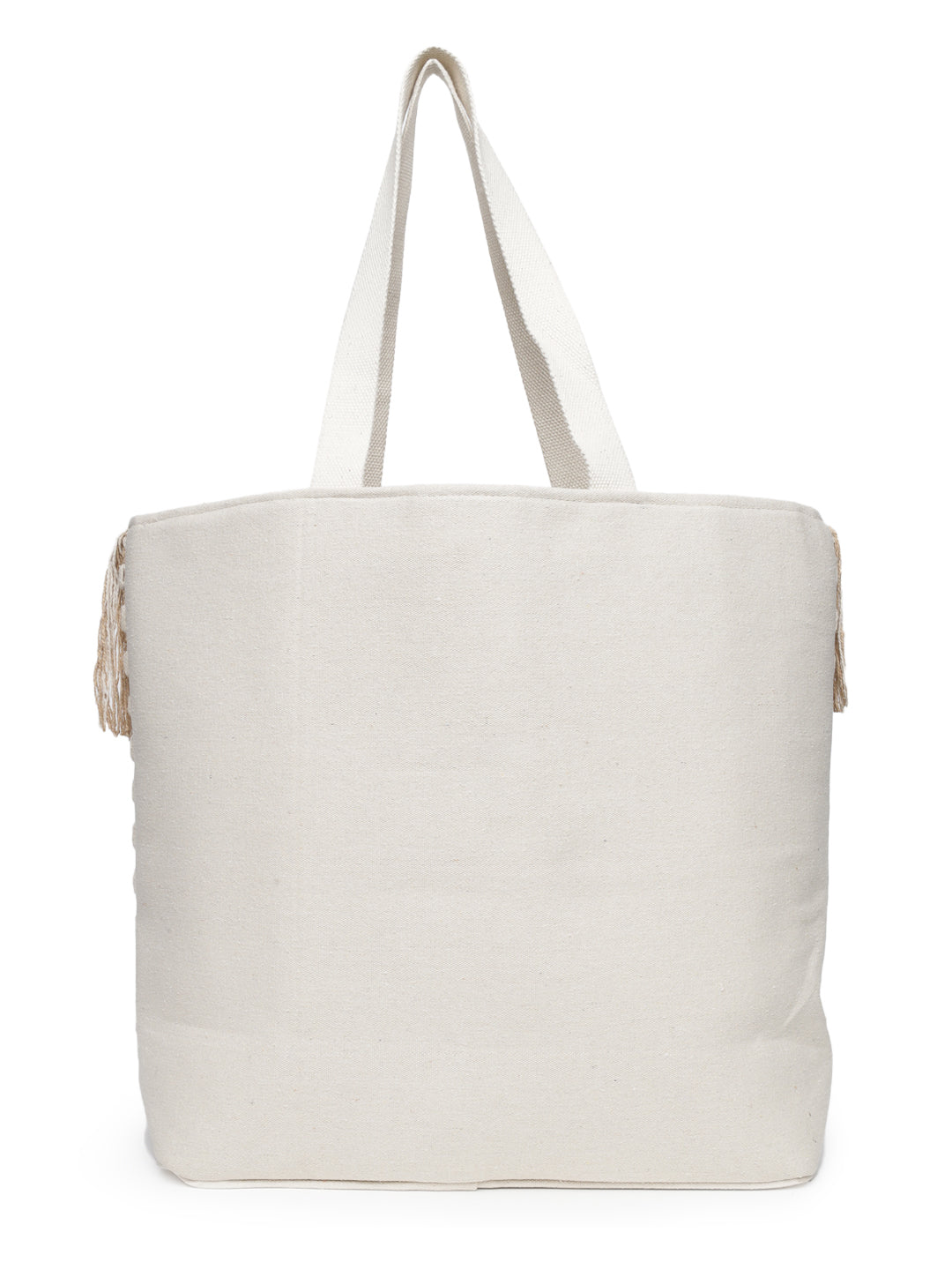 Beige Tasseled Hand Woven Tote Bag