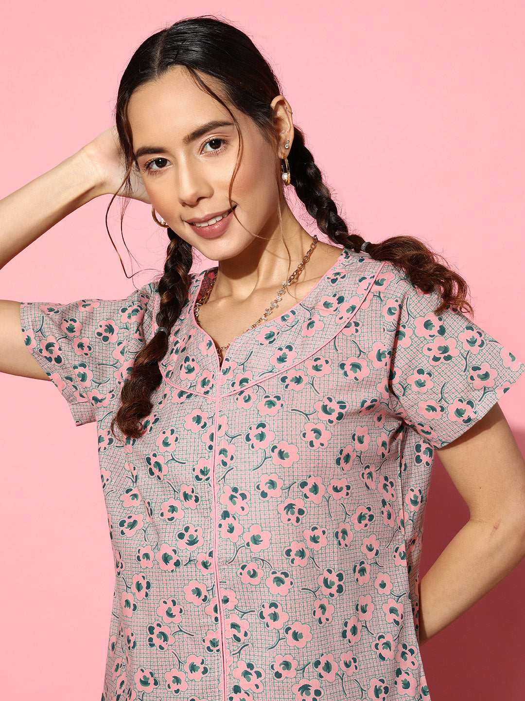 Women Pink With Green Floral Print Cotton Night Suit Set