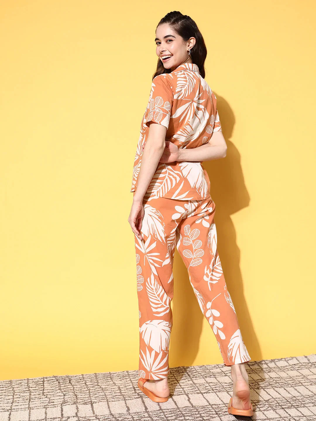 Orange Cotton Printed Night Suit Set with Payjama - SanskrutiHomes