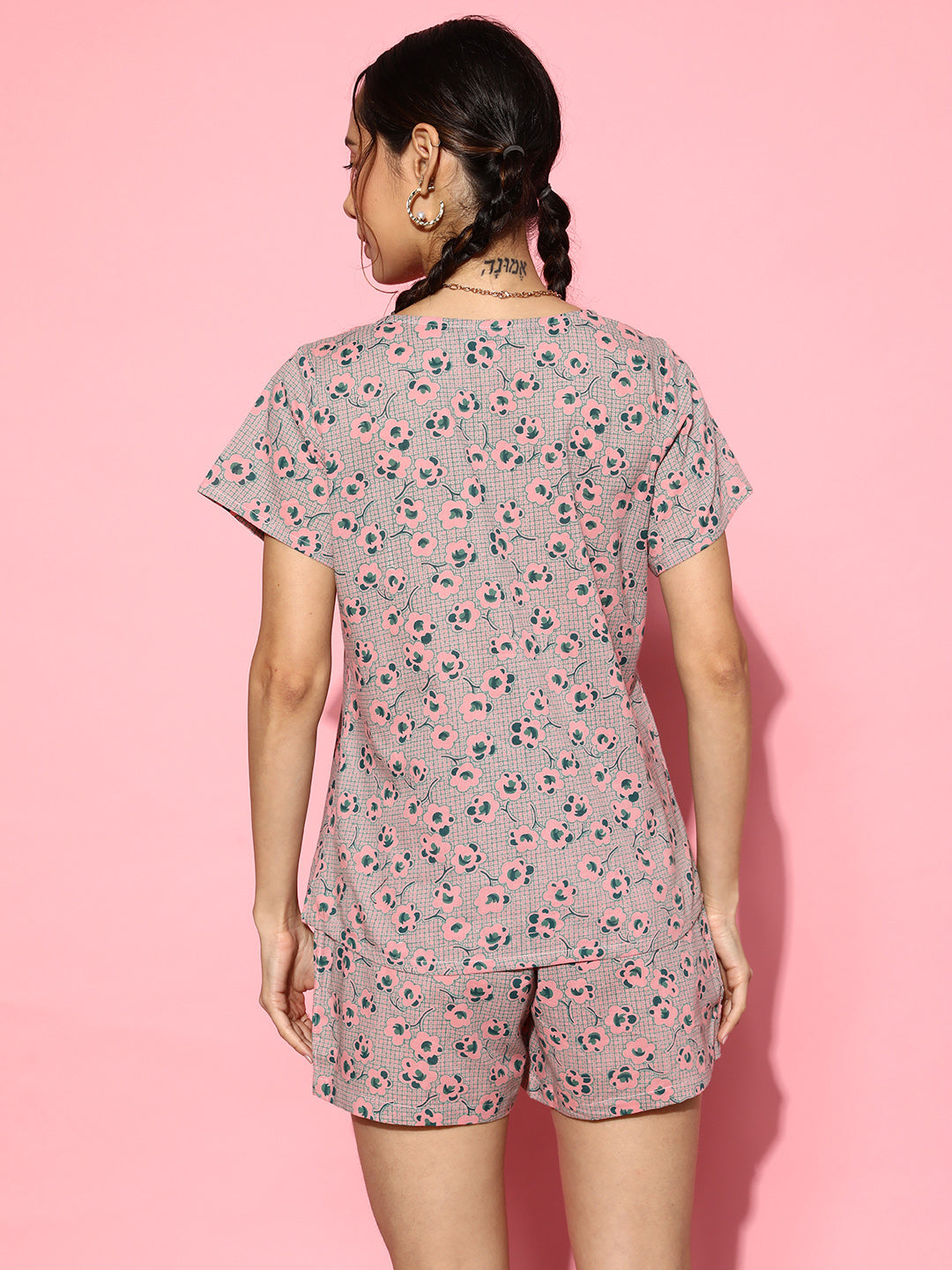 Women Pink With Green Floral Print Cotton Night Suit Set