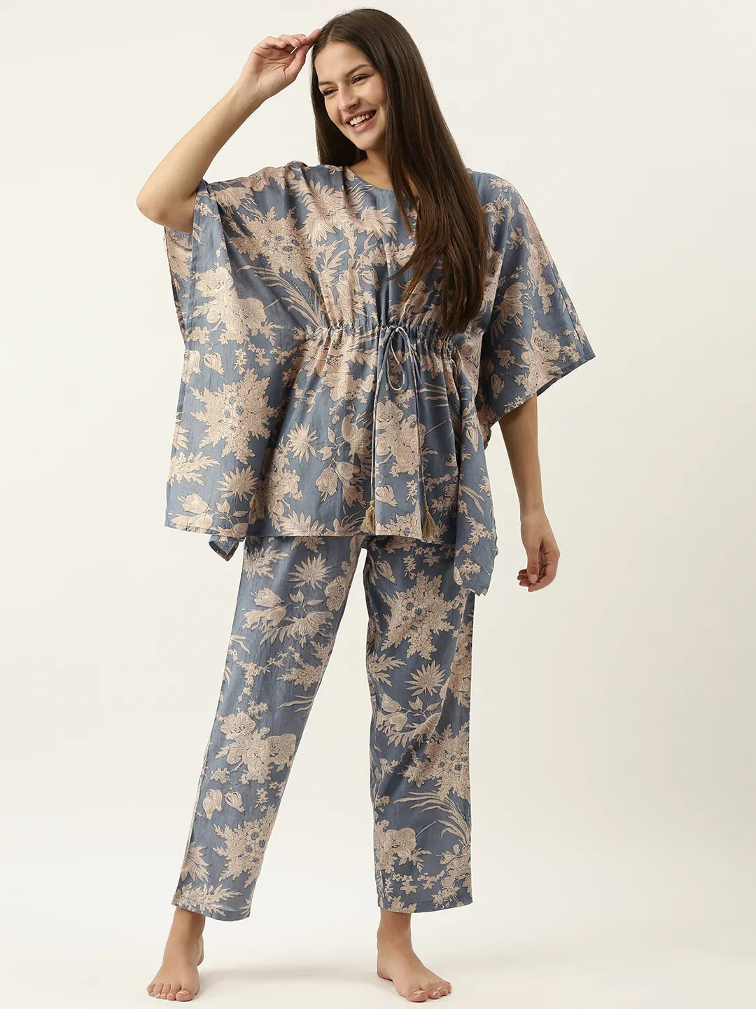 Powder Blue Cotton Printed Kaftan and Pajama Set - SanskrutiHomes