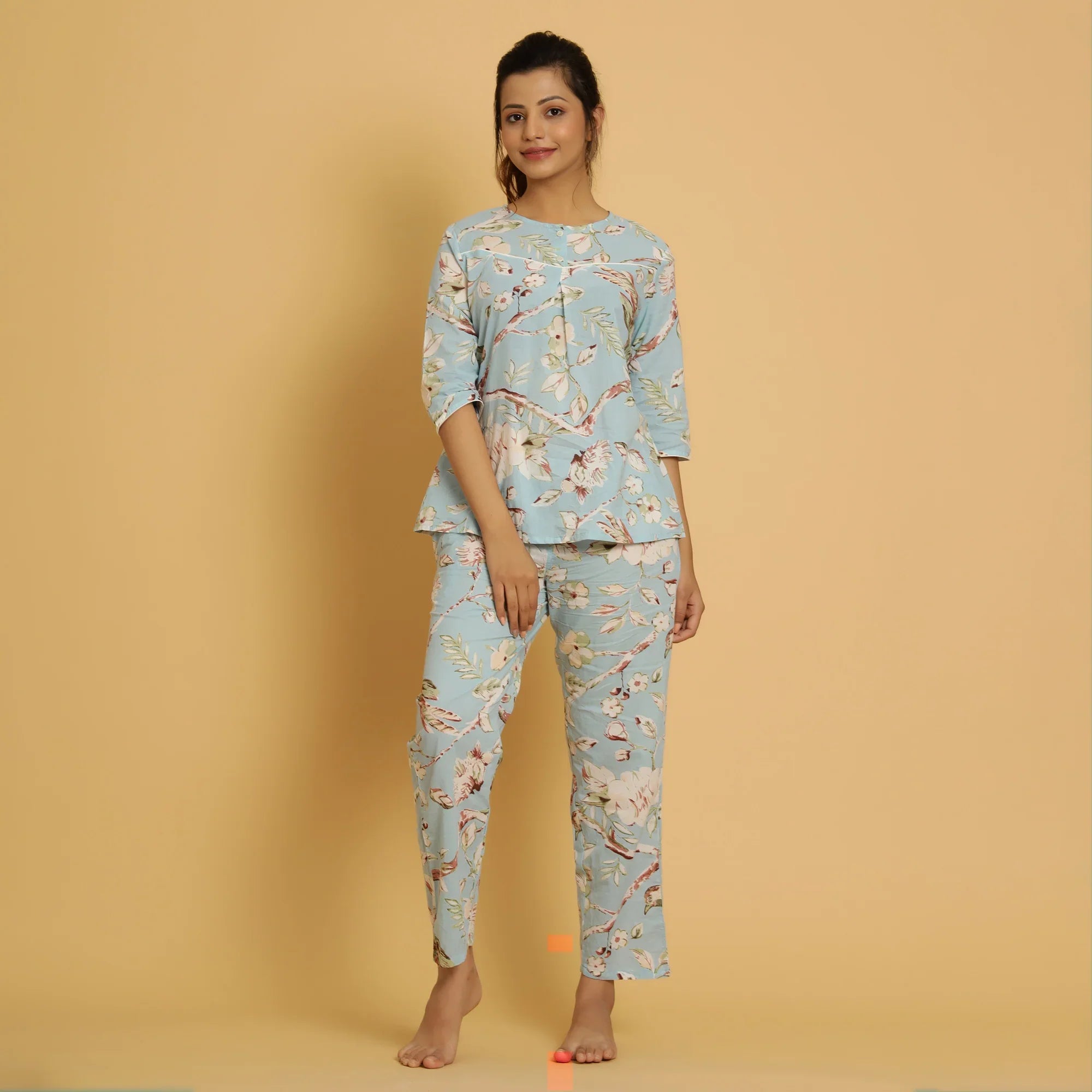 Sky Blue Cotton Printed Night Suit Set - SanskrutiHomes