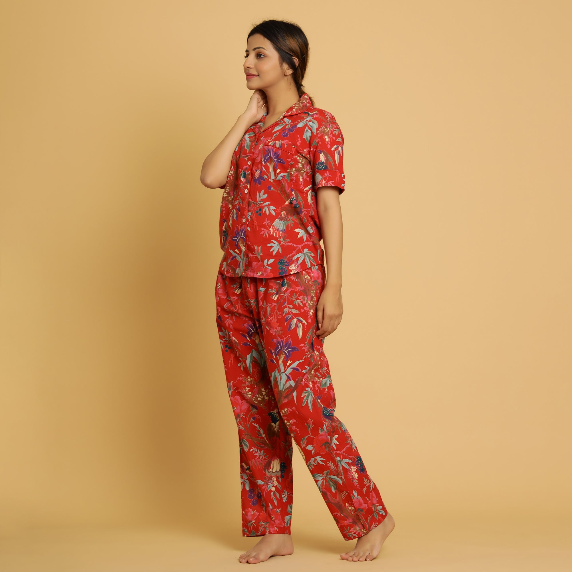 Red Cotton Printed Night Suit Set with Pajama
