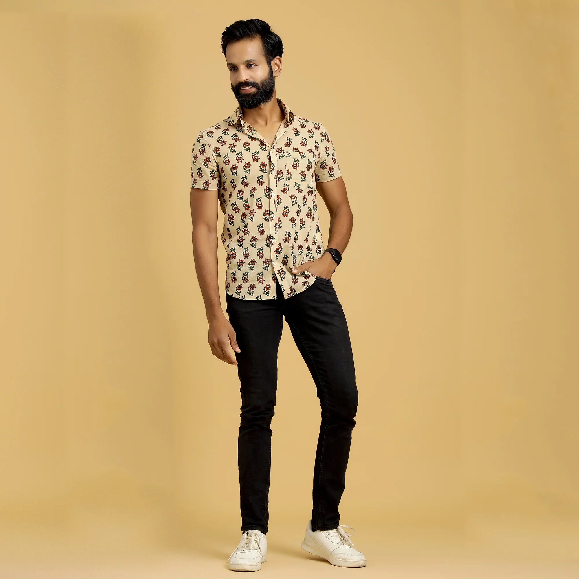 Sanskruti Homes Ivory Cotton Printed Shirt ( half sleeves ) - SanskrutiHomes