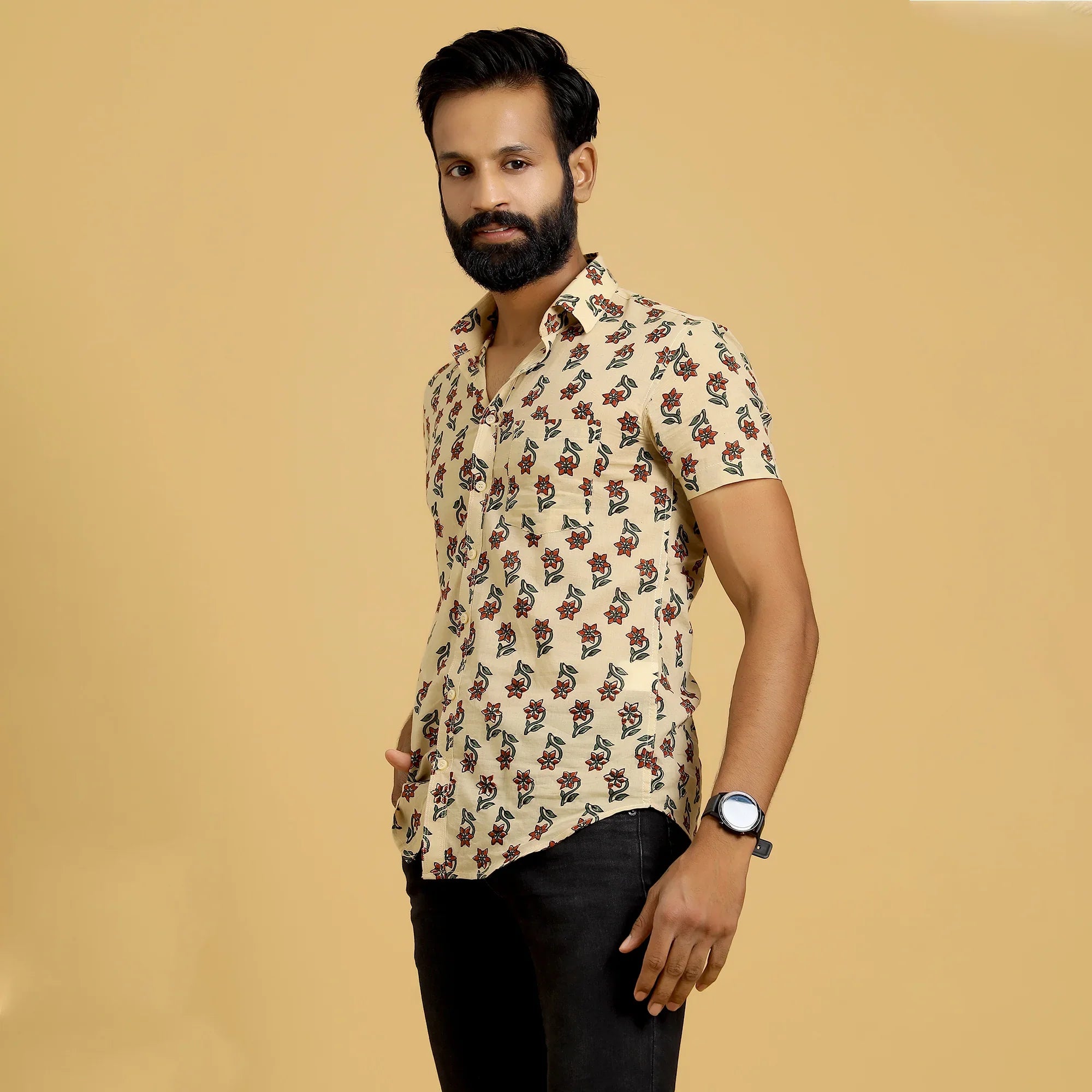 Sanskruti Homes Ivory Cotton Printed Shirt ( half sleeves ) - SanskrutiHomes