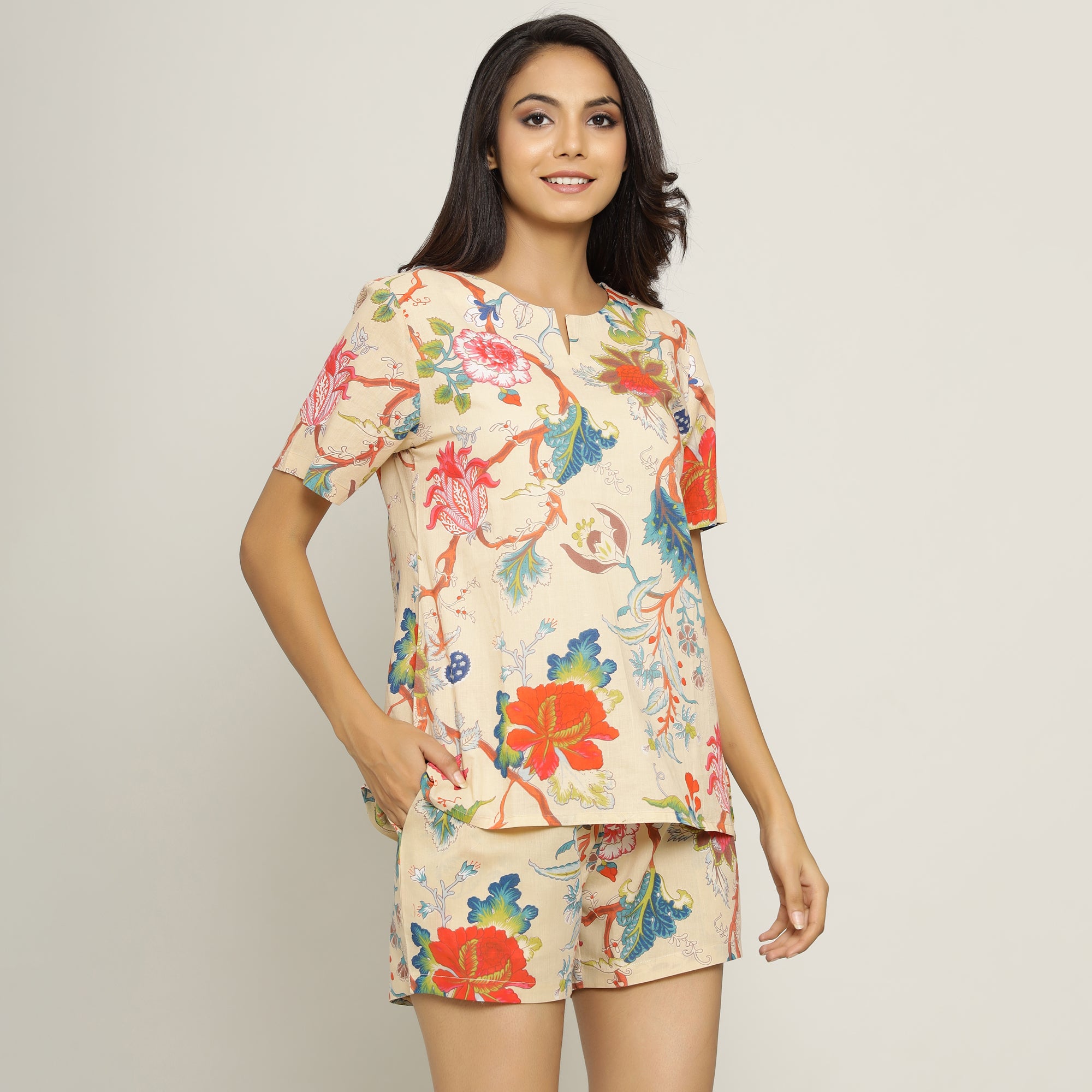 Beige Cotton Printed Night Suit Set