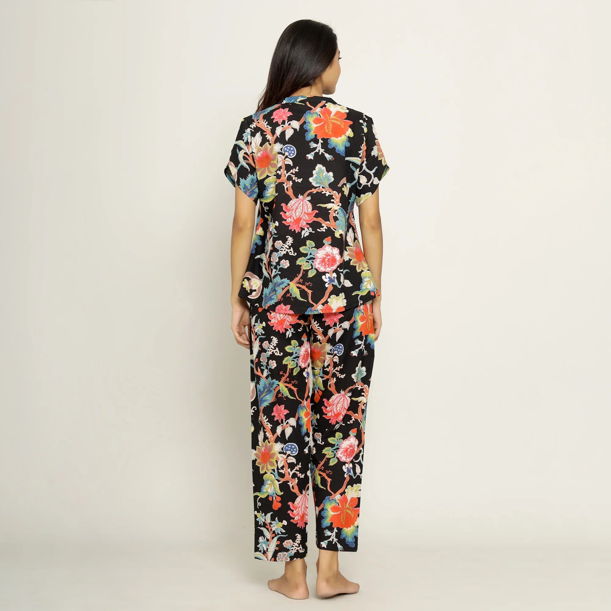 Black Cotton Printed Night Suit Set with Pajama - SanskrutiHomes