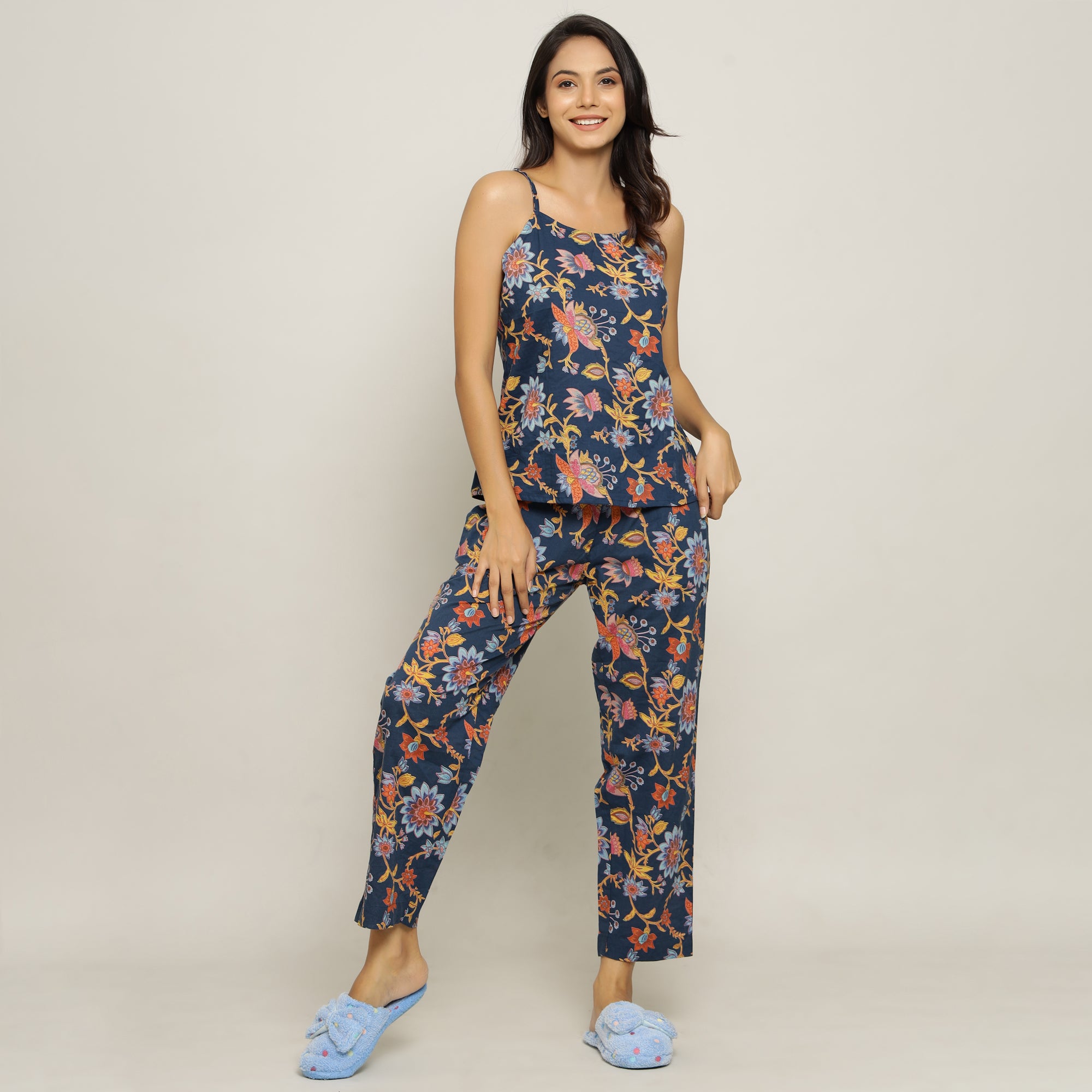 Blue Cotton Printed three Peace Night Suit Set with Pyjama