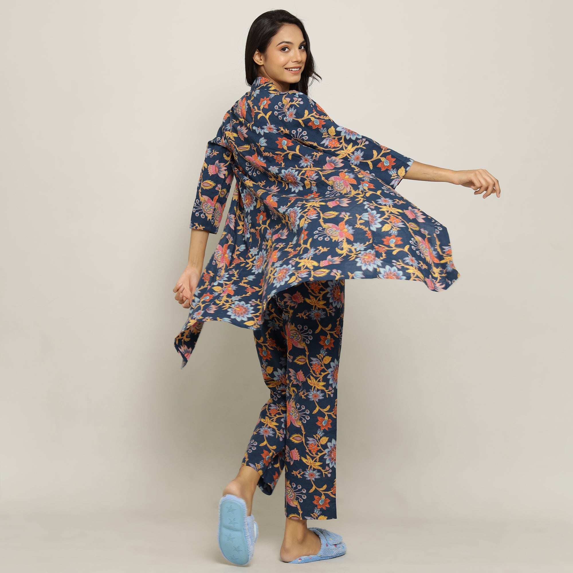 Blue Cotton Printed three Peace Night Suit Set with Pyjama