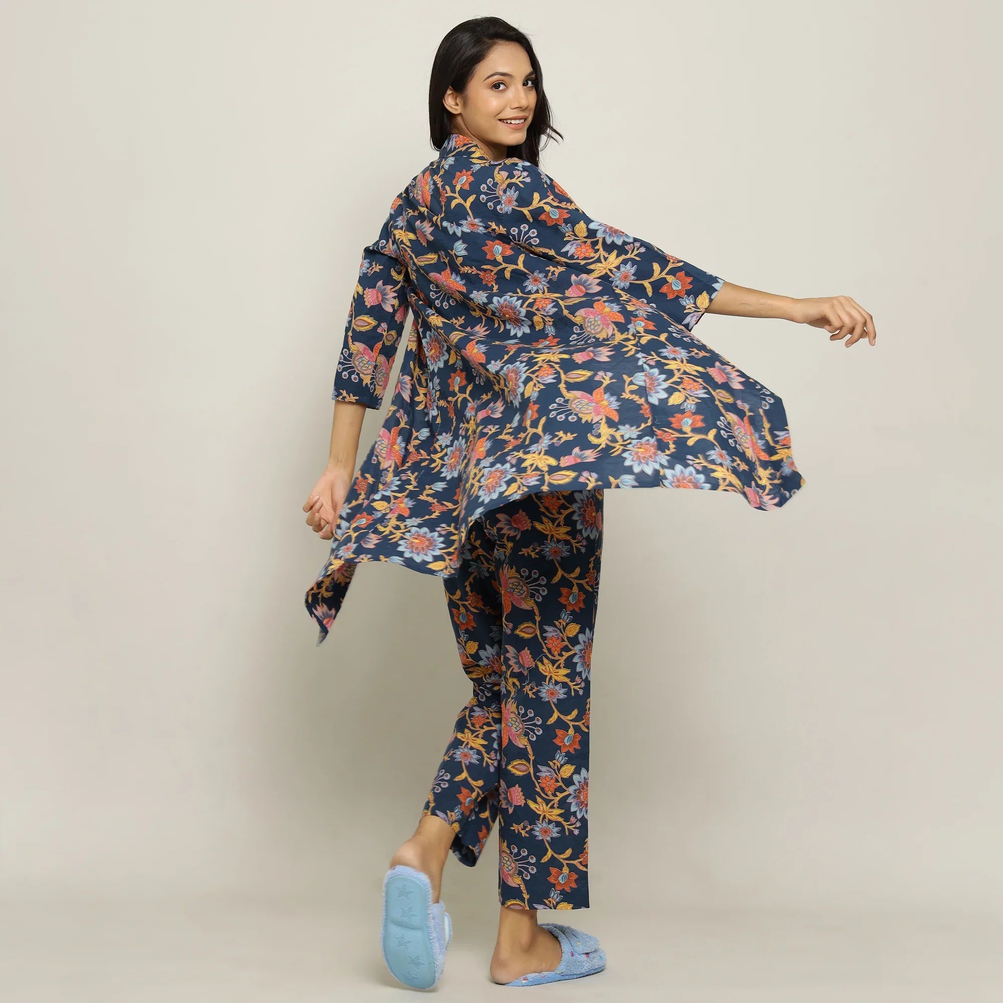 Blue Cotton Printed three Peace Night Suit Set with Pyjama - SanskrutiHomes