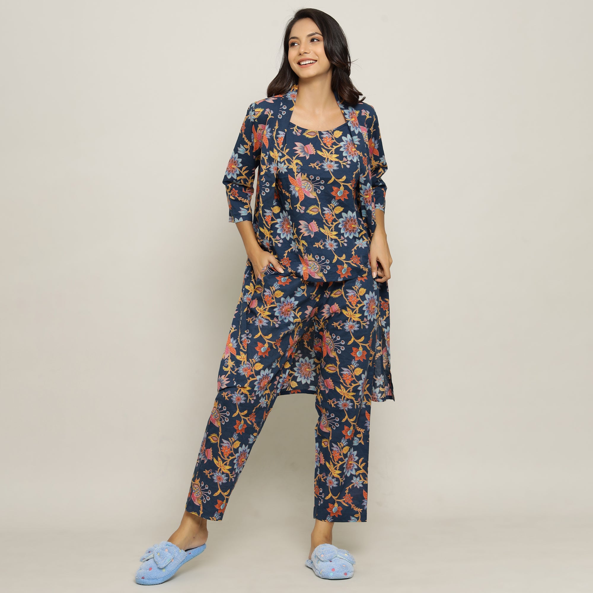 Blue Cotton Printed three Peace Night Suit Set with Pyjama