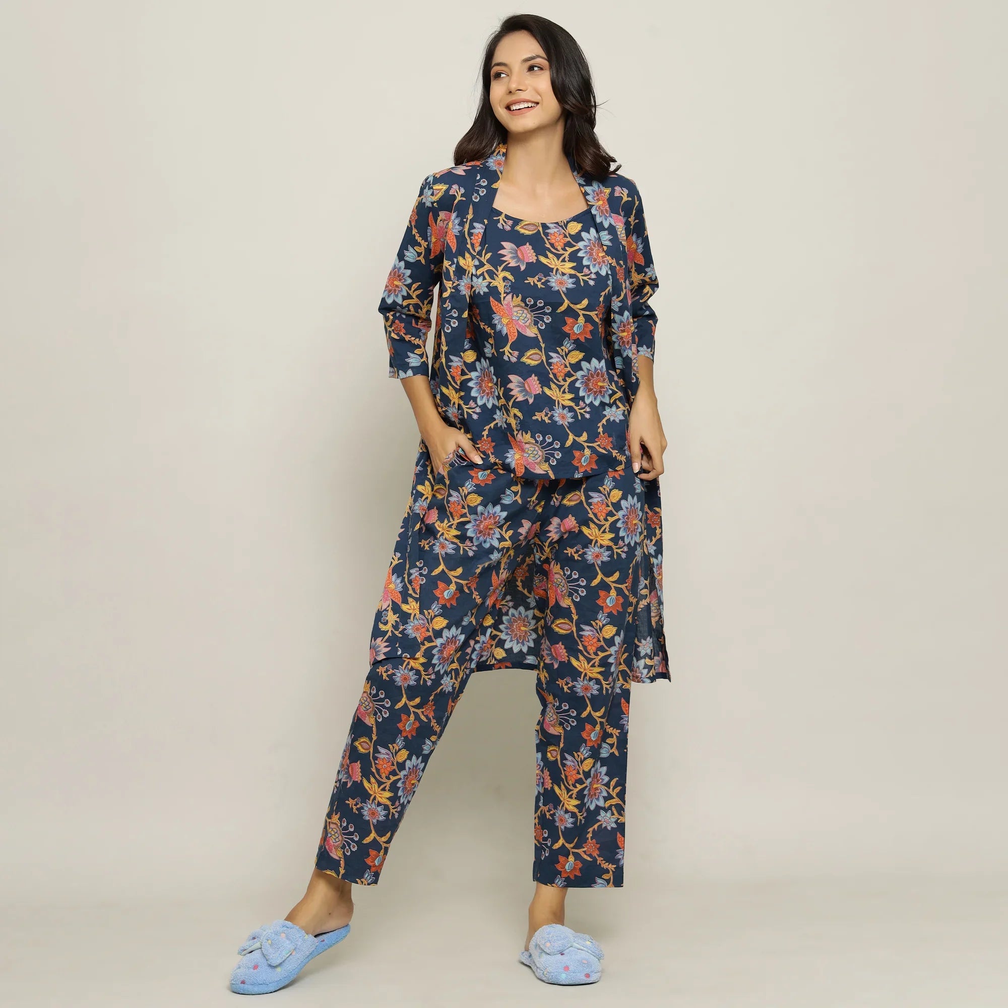 Blue Cotton Printed three Peace Night Suit Set with Pyjama - SanskrutiHomes
