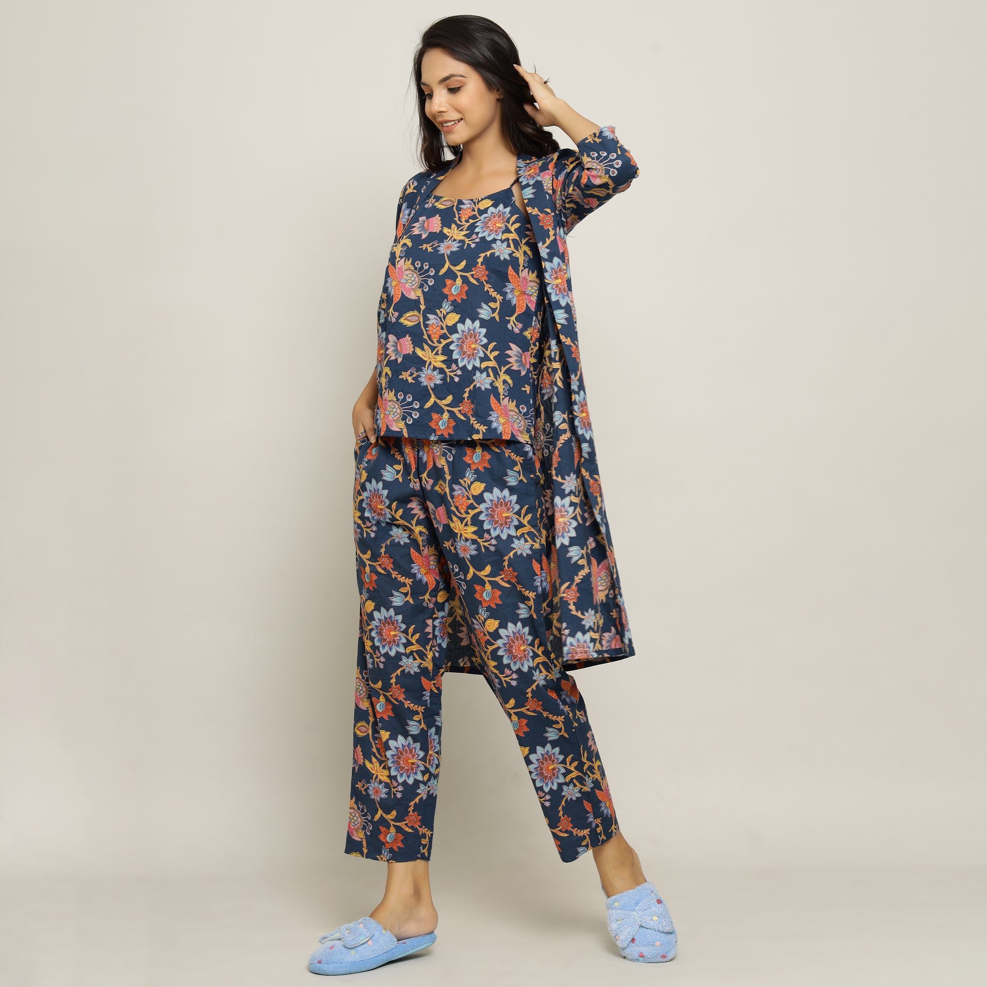 Blue Cotton Printed three Peace Night Suit Set with Pyjama