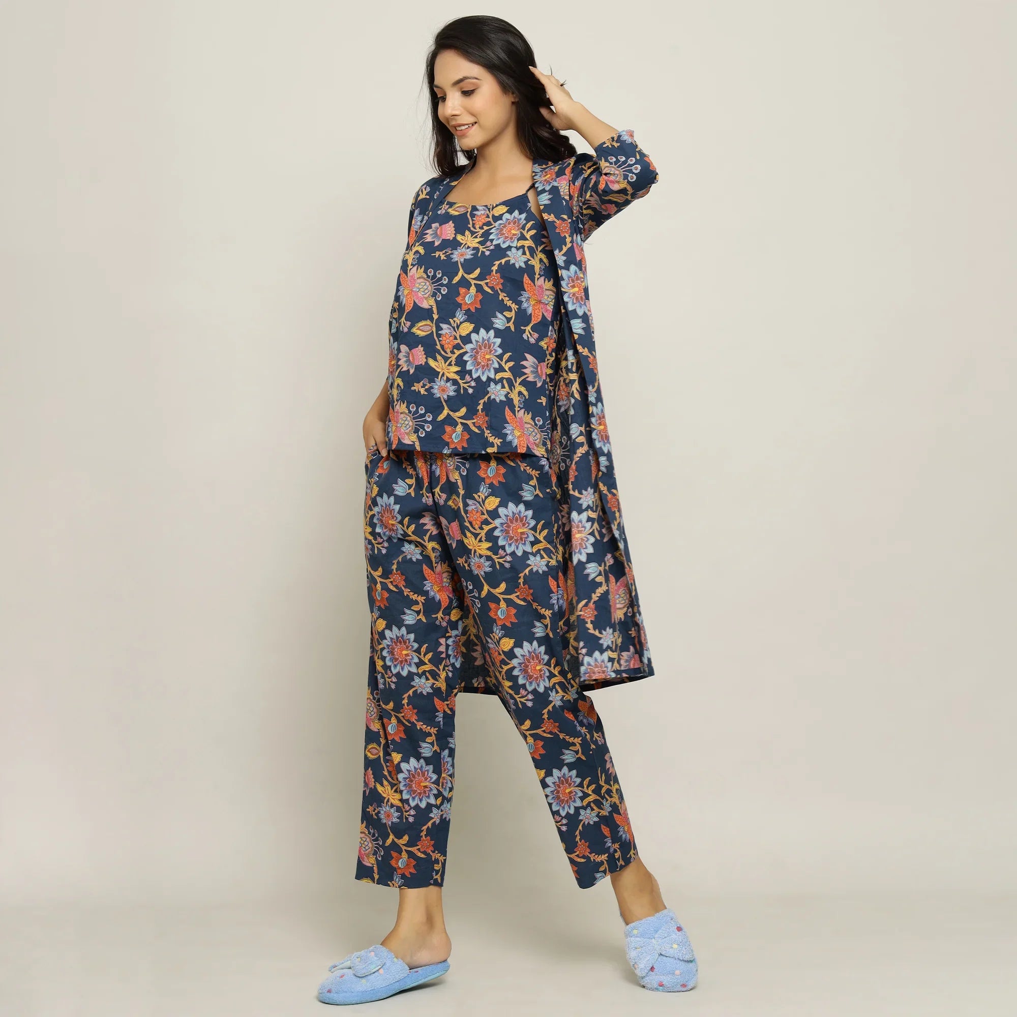 Blue Cotton Printed three Peace Night Suit Set with Pyjama - SanskrutiHomes