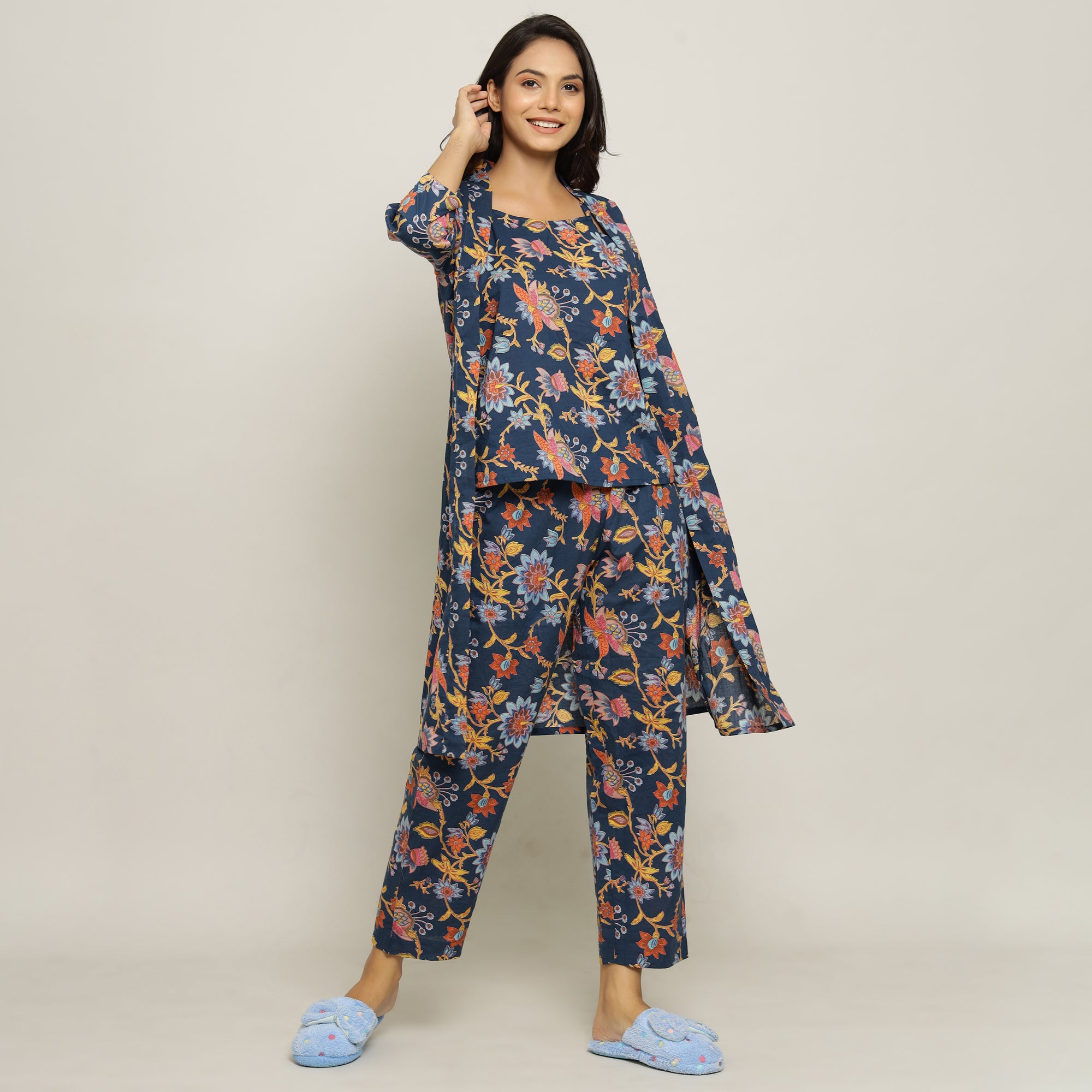 Blue Cotton Printed three Peace Night Suit Set with Pyjama