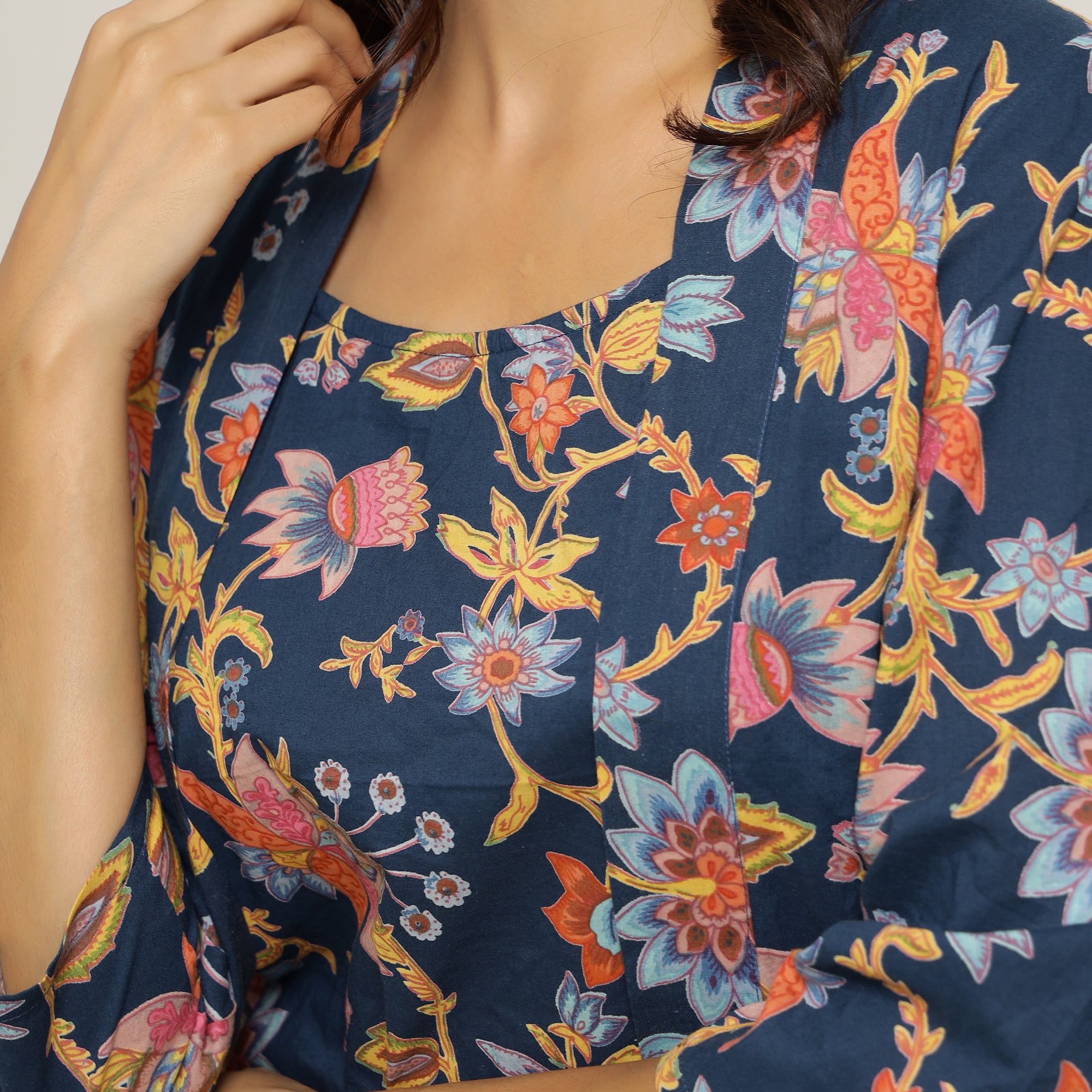 Blue Cotton Printed three Peace Night Suit Set with Pyjama